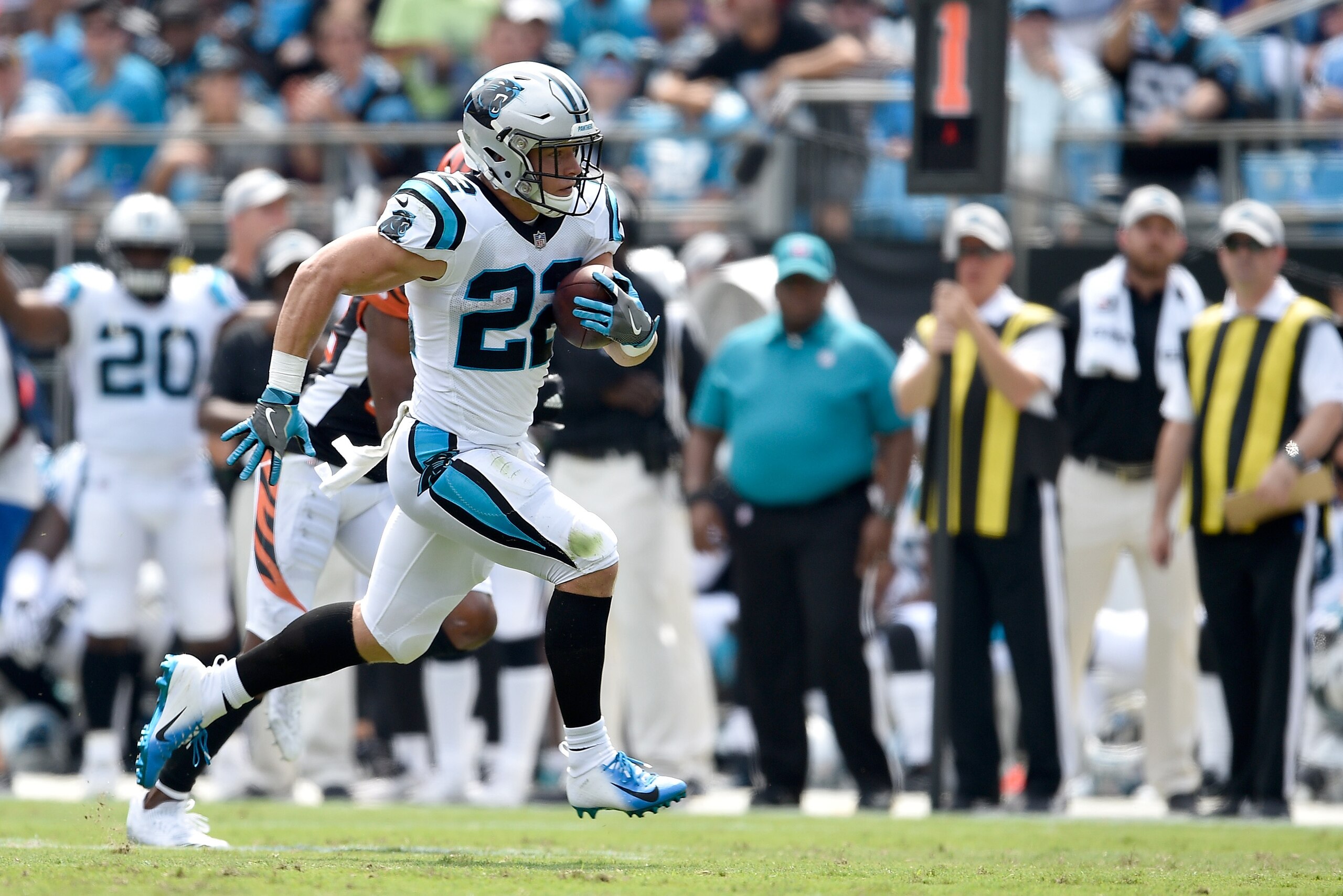 CHARLOTTE, NC - SEPTEMBER 23:  Christian McCaffrey #22 of the Carolina Panthers runs against the Cincinnati Bengals during their game at Bank of America Stadium on September 23, 2018 in Charlotte, North Carolina.  (Photo by Grant Halverson/Getty Images)