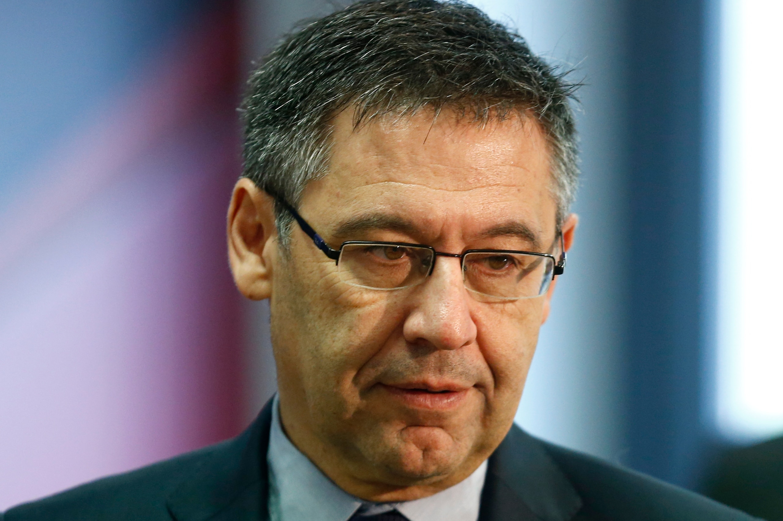 FC Barcelona´s president Josep Maria Bartomeu attends a press conference by Barcelona's Spanish midfielder Andres Iniesta at the Joan Gamper Sports Center in Sant Joan Despi, near Barcelona, on April 27, 2018. - Iniesta confirmed that he will leave Barcel FC Barcelona´s president Josep Maria Bartomeu attends a press conference by Barcelona's Spanish midfielder Andres Iniesta at the Joan Gamper Sports Center in Sant Joan Despi, near Barcelona, on April 27, 2018. - Iniesta confirmed that he will leave Barcel