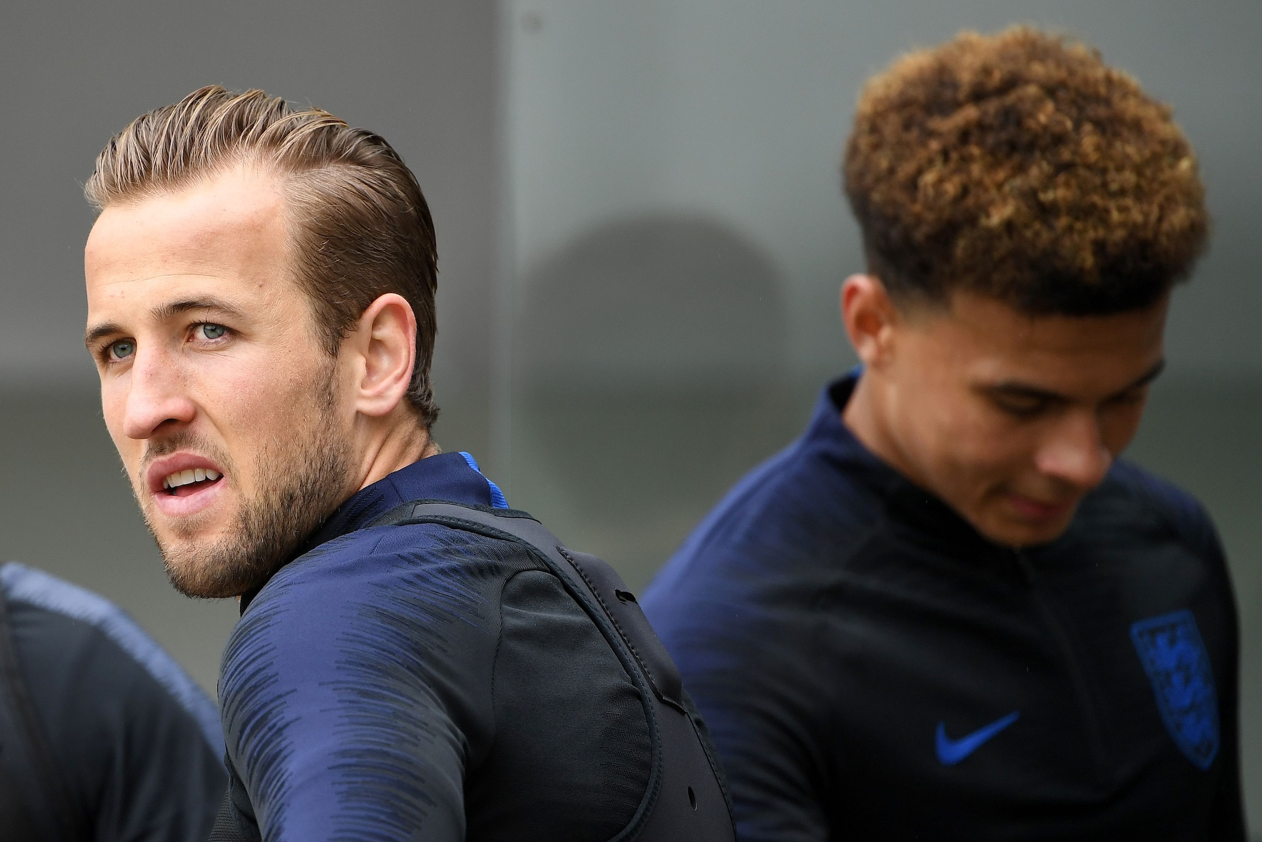 England's striker Harry Kane (L) and England's midfielder Dele Alli take part in an open training session at St George's Park in Burton-on-Trent, central England on September 4, 2018, ahead of their international friendly football match against Spain on S