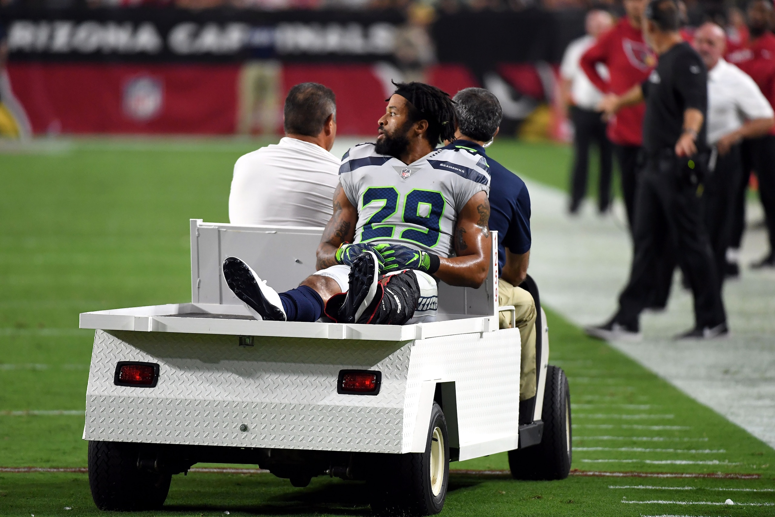 GLENDALE, AZ - SEPTEMBER 30: Defensive back Earl Thomas #29 of the Seattle Seahawks leaves the field on a cart after being injured during the fourth quarter against the Arizona Cardinals at State Farm Stadium on September 30, 2018 in Glendale, Arizona. (P