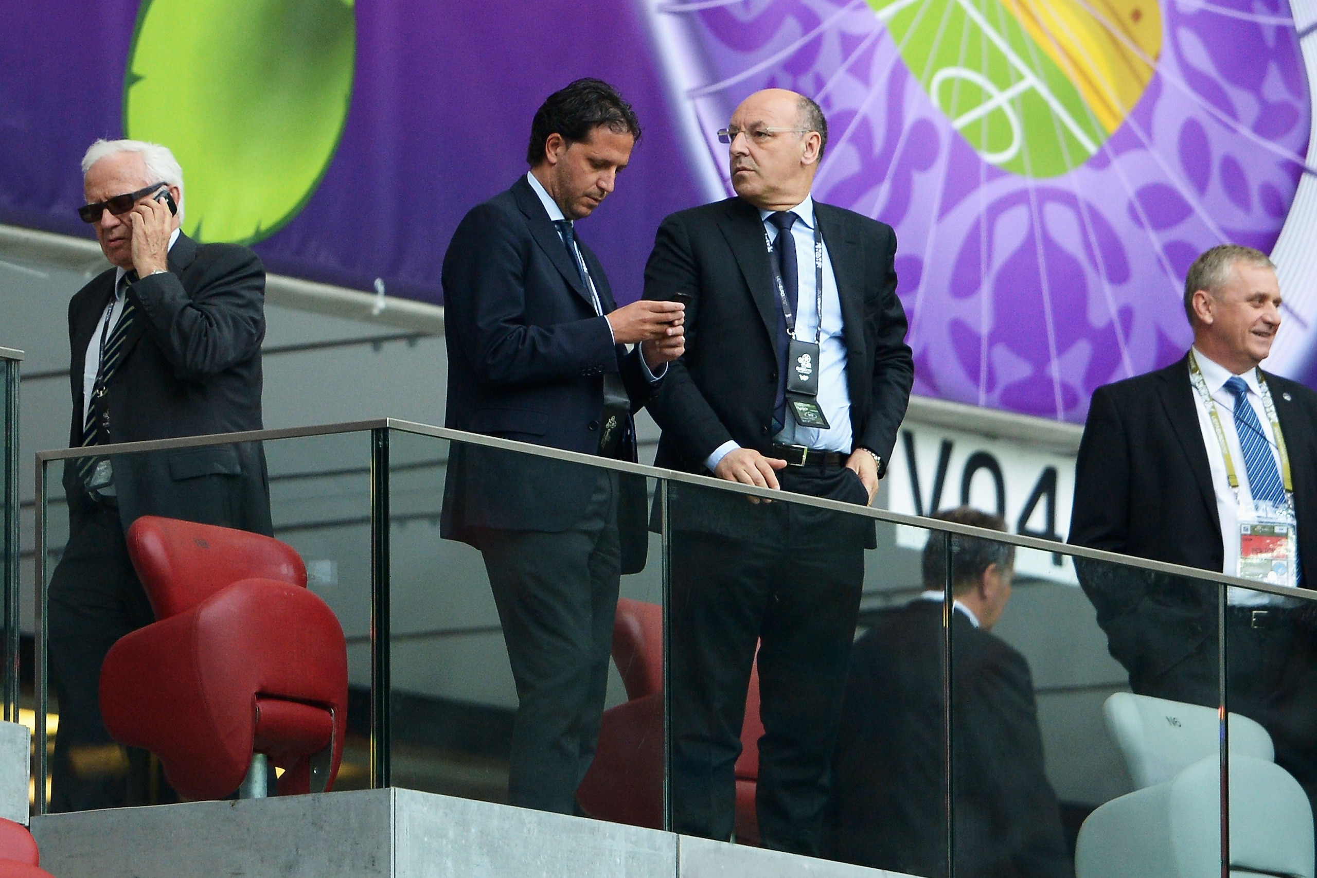 WARSAW, POLAND - JUNE 28:  Fabio Paratici and Giuseppe Marotta look on prior to during the UEFA EURO 2012 semi final match between Germany and Italy at National Stadium on June 28, 2012 in Warsaw, Poland.  (Photo by Claudio Villa/Getty Images)
