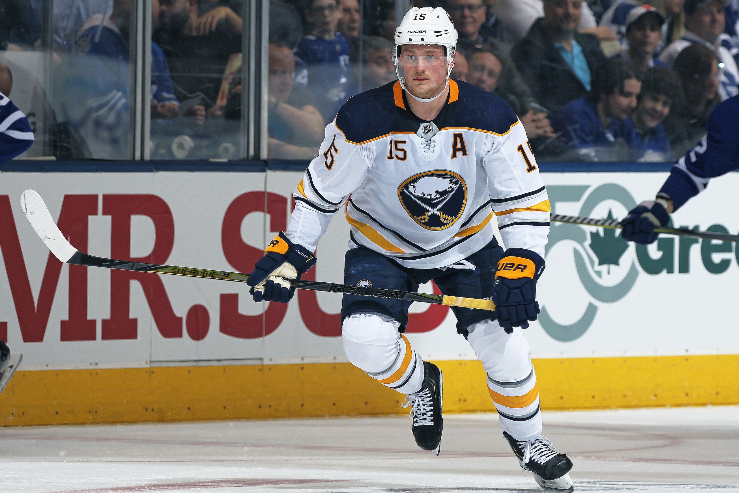 TORONTO, ON - APRIL 2: Jack Eichel #15 of the Buffalo Sabres skates against the Toronto Maple Leafs during an NHL game at the Air Canada Centre on April 2, 2018 in Toronto, Ontario, Canada. The Maple Leafs defeated the Sabres 5-2. (Photo by Claus Anderse TORONTO, ON - APRIL 2: Jack Eichel #15 of the Buffalo Sabres skates against the Toronto Maple Leafs during an NHL game at the Air Canada Centre on April 2, 2018 in Toronto, Ontario, Canada. The Maple Leafs defeated the Sabres 5-2. (Photo by Claus Anderse