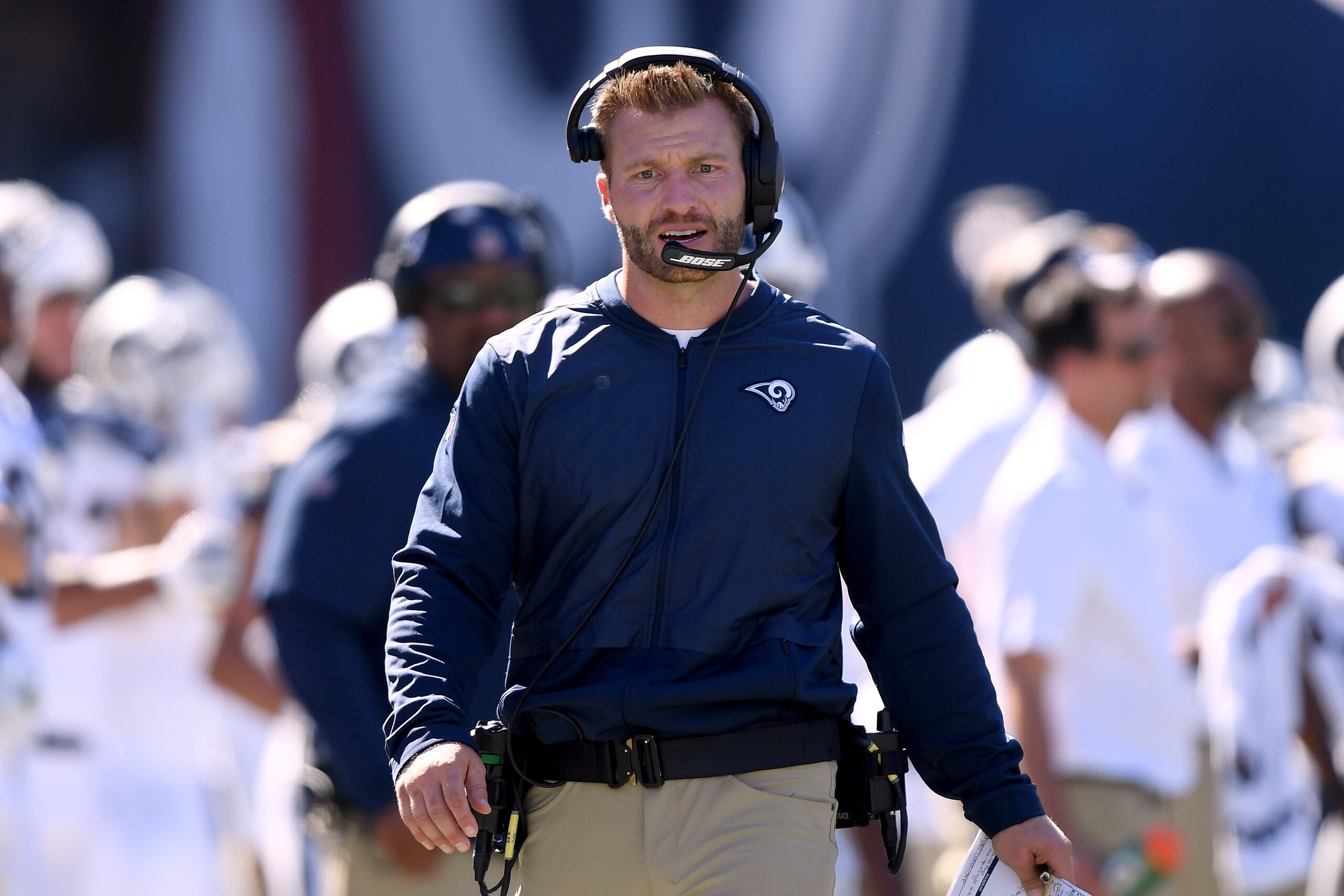 LOS ANGELES, CA - SEPTEMBER 16:  Head coach Sean McVay of the Los Angeles Rams paces the sidelines during a 34-0 win over the Arizona Cardinals at Los Angeles Memorial Coliseum on September 16, 2018 in Los Angeles, California.  (Photo by Harry How/Getty I