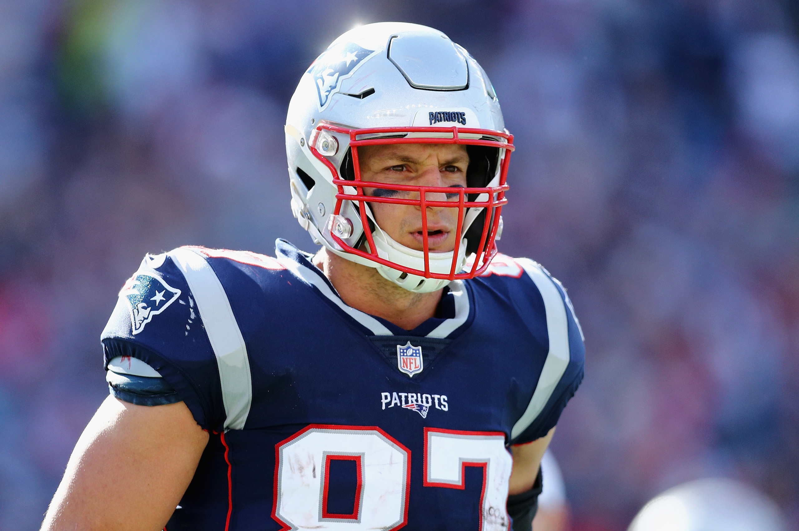 FOXBOROUGH, MA - SEPTEMBER 30:  Rob Gronkowski #87 of the New England Patriots looks on during the second half against the Miami Dolphins at Gillette Stadium on September 30, 2018 in Foxborough, Massachusetts.  (Photo by Maddie Meyer/Getty Images)