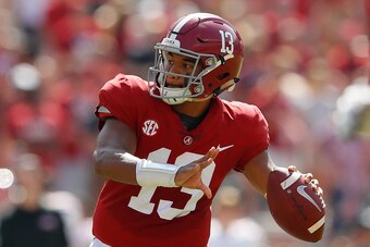 TUSCALOOSA, AL - SEPTEMBER 29:  Tua Tagovailoa #13 of the Alabama Crimson Tide looks to pass against the Louisiana Ragin Cajuns at Bryant-Denny Stadium on September 29, 2018 in Tuscaloosa, Alabama.  (Photo by Kevin C. Cox/Getty Images)