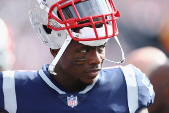 FOXBOROUGH, MA - SEPTEMBER 30:  Josh Gordon #10 of the New England Patriots looks on during the first half against the Miami Dolphins at Gillette Stadium on September 30, 2018 in Foxborough, Massachusetts.  (Photo by Maddie Meyer/Getty Images)