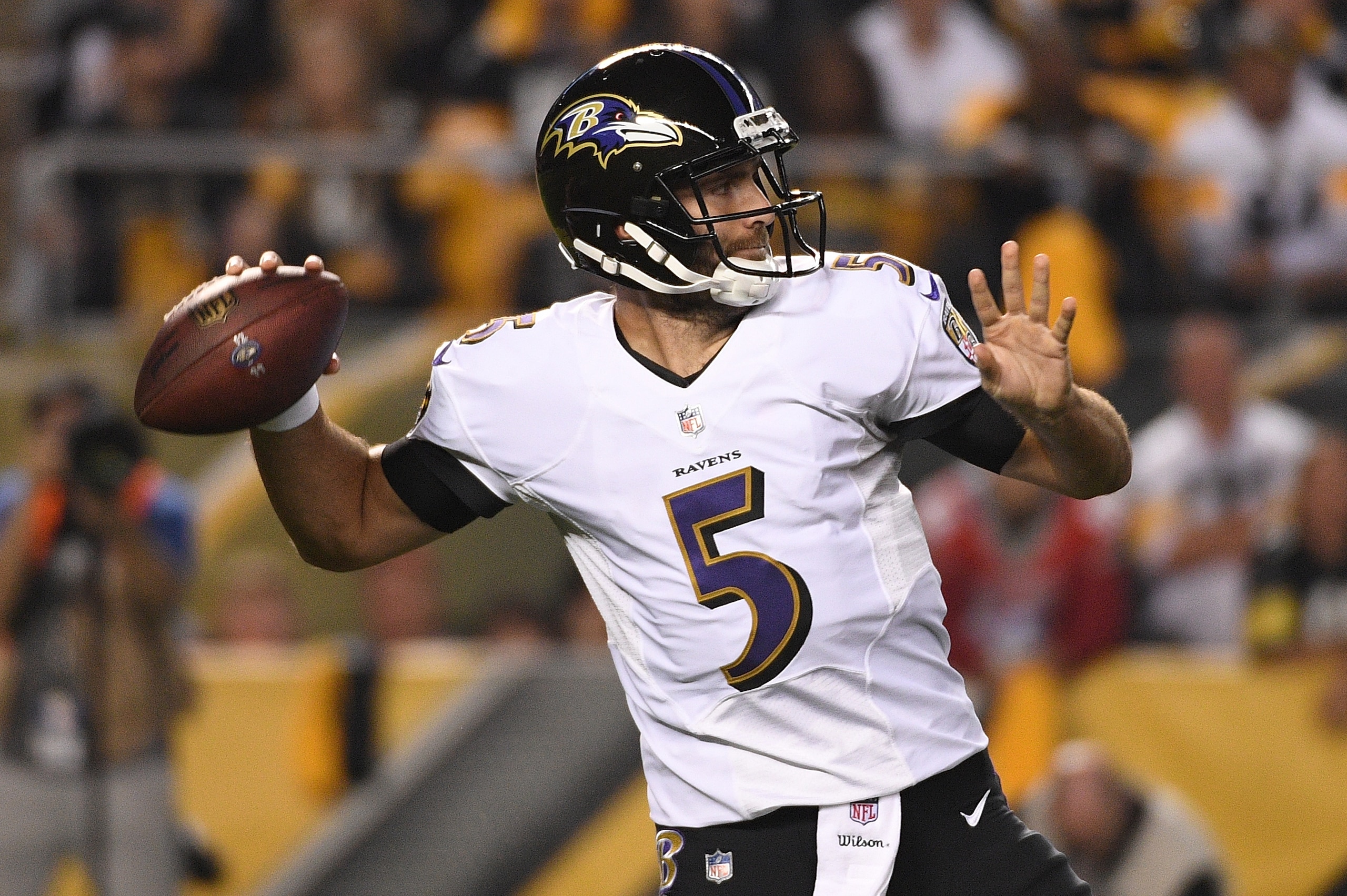 PITTSBURGH, PA - SEPTEMBER 30: Joe Flacco #5 of the Baltimore Ravens drops back to pass in the first half during the game against the Pittsburgh Steelers at Heinz Field on September 30, 2018 in Pittsburgh, Pennsylvania. (Photo by Justin Berl/Getty Images) PITTSBURGH, PA - SEPTEMBER 30: Joe Flacco #5 of the Baltimore Ravens drops back to pass in the first half during the game against the Pittsburgh Steelers at Heinz Field on September 30, 2018 in Pittsburgh, Pennsylvania. (Photo by Justin Berl/Getty Images)