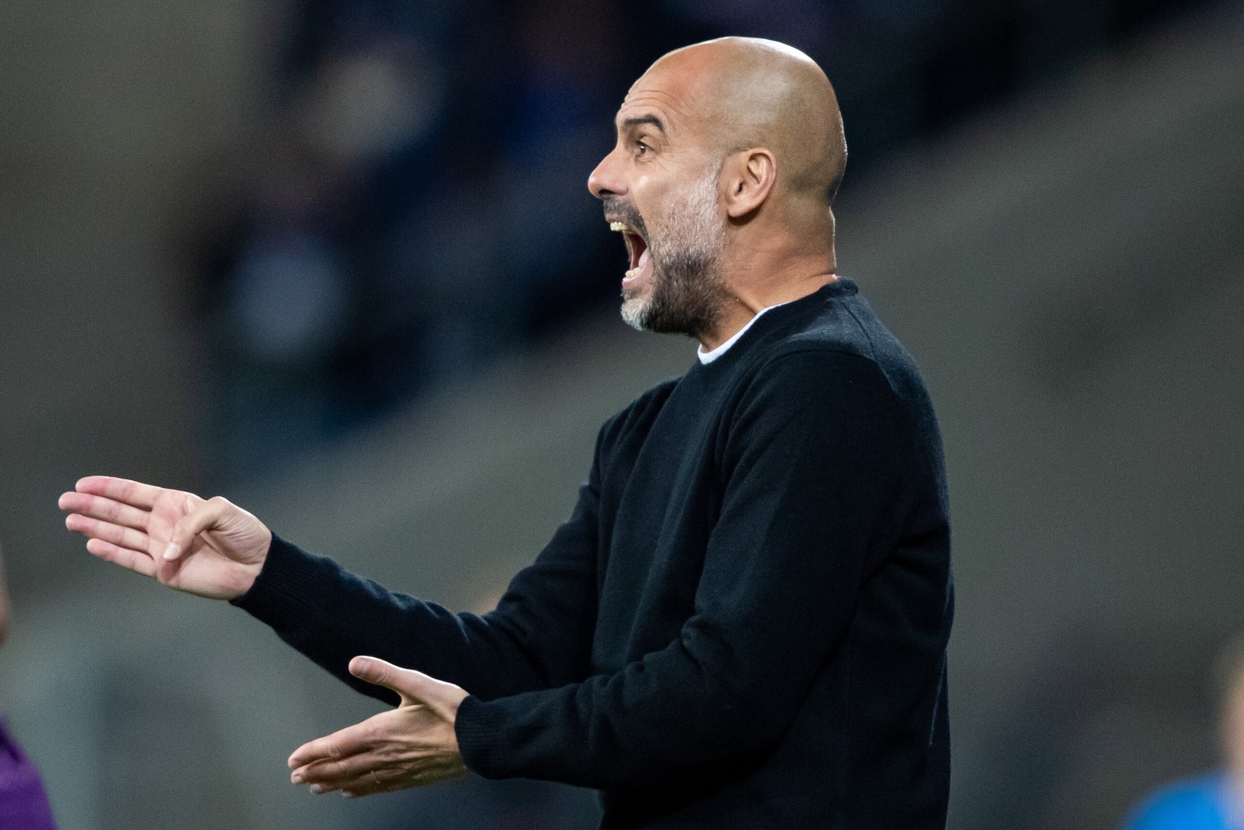 SINSHEIM, GERMANY - OCTOBER 02: Manager Pep Guardiola of Manchester City reacts during the Group F match of the UEFA Champions League between TSG 1899 Hoffenheim and Manchester City at Wirsol Rhein-Neckar-Arena on October 2, 2018 in Sinsheim, Germany. (Ph