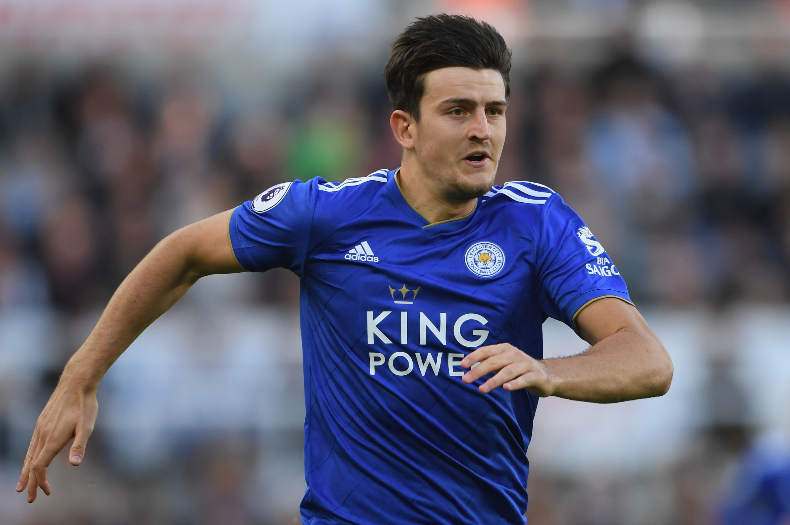 NEWCASTLE UPON TYNE, ENGLAND - SEPTEMBER 29:  Leicester player Harry Maguire in action during the Premier League match between Newcastle United and Leicester City at St. James Park on September 29, 2018 in Newcastle upon Tyne, United Kingdom.  (Photo by S