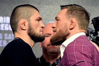 NEW YORK, NY - SEPTEMBER 20:  Lightweight champion Khabib Nurmagomedov faces-off with Conor McGregor during the UFC 229 Press Conference at Radio City Music Hall on September 20, 2018 in New York City.  (Photo by Steven Ryan/Getty Images)