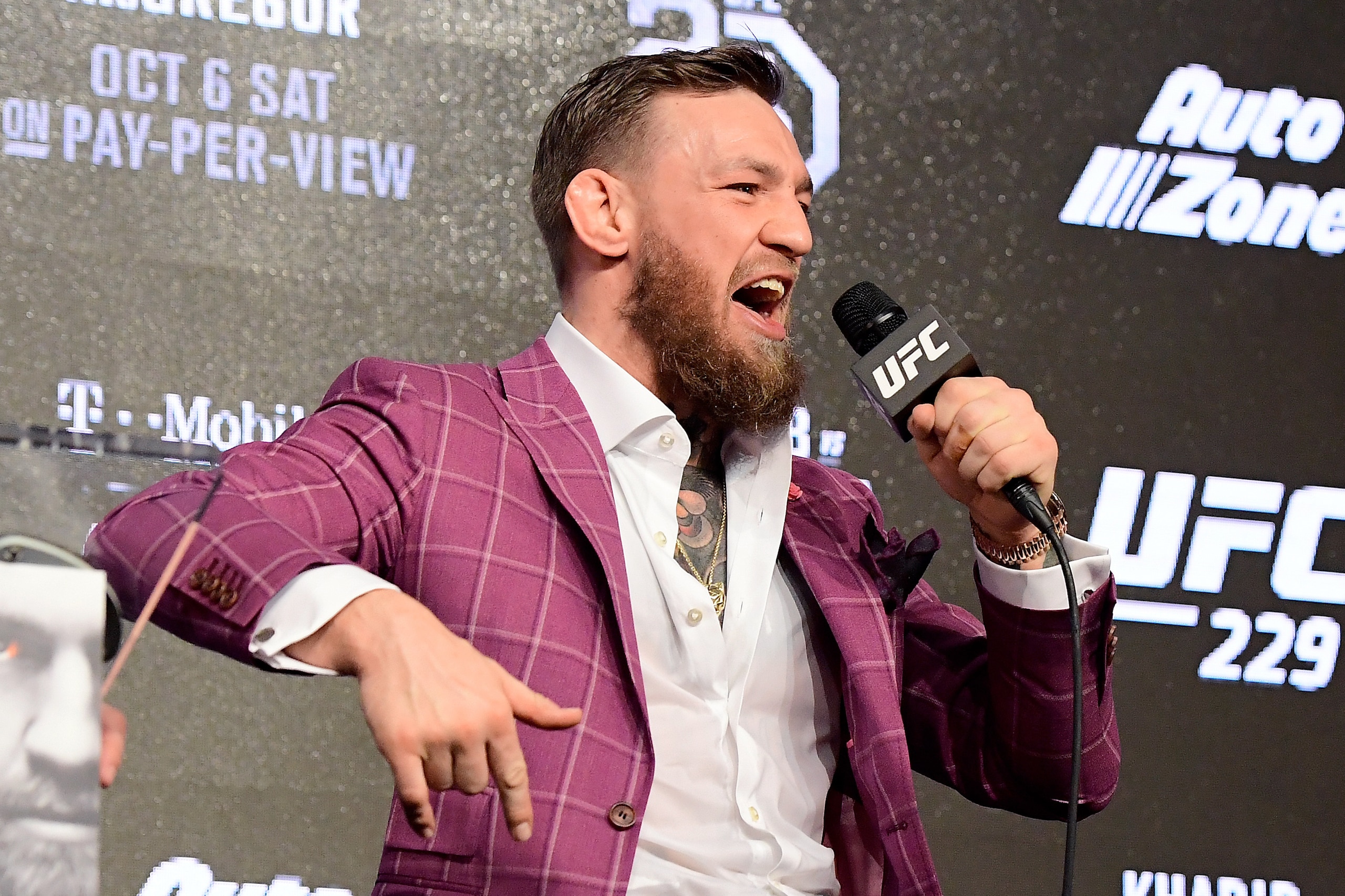 NEW YORK, NY - SEPTEMBER 20:  Conor McGregor speaks to the media during the UFC 229 Press Conference at Radio City Music Hall on September 20, 2018 in New York City.  (Photo by Steven Ryan/Getty Images)