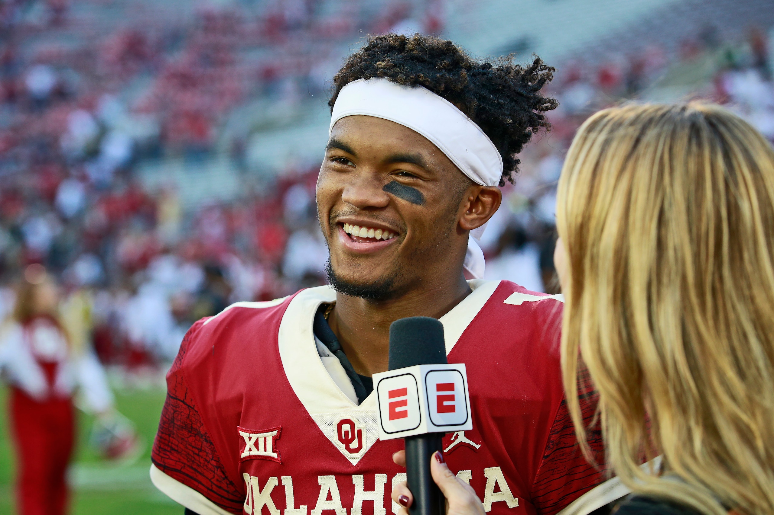 NORMAN, OK - SEPTEMBER 29: Quarterback Kyler Murray #1 of the Oklahoma Sooners speaks to the media after the game against the Baylor Bears at Gaylord Family Oklahoma Memorial Stadium on September 29, 2018 in Norman, Oklahoma. Oklahoma defeated Baylor 66-3