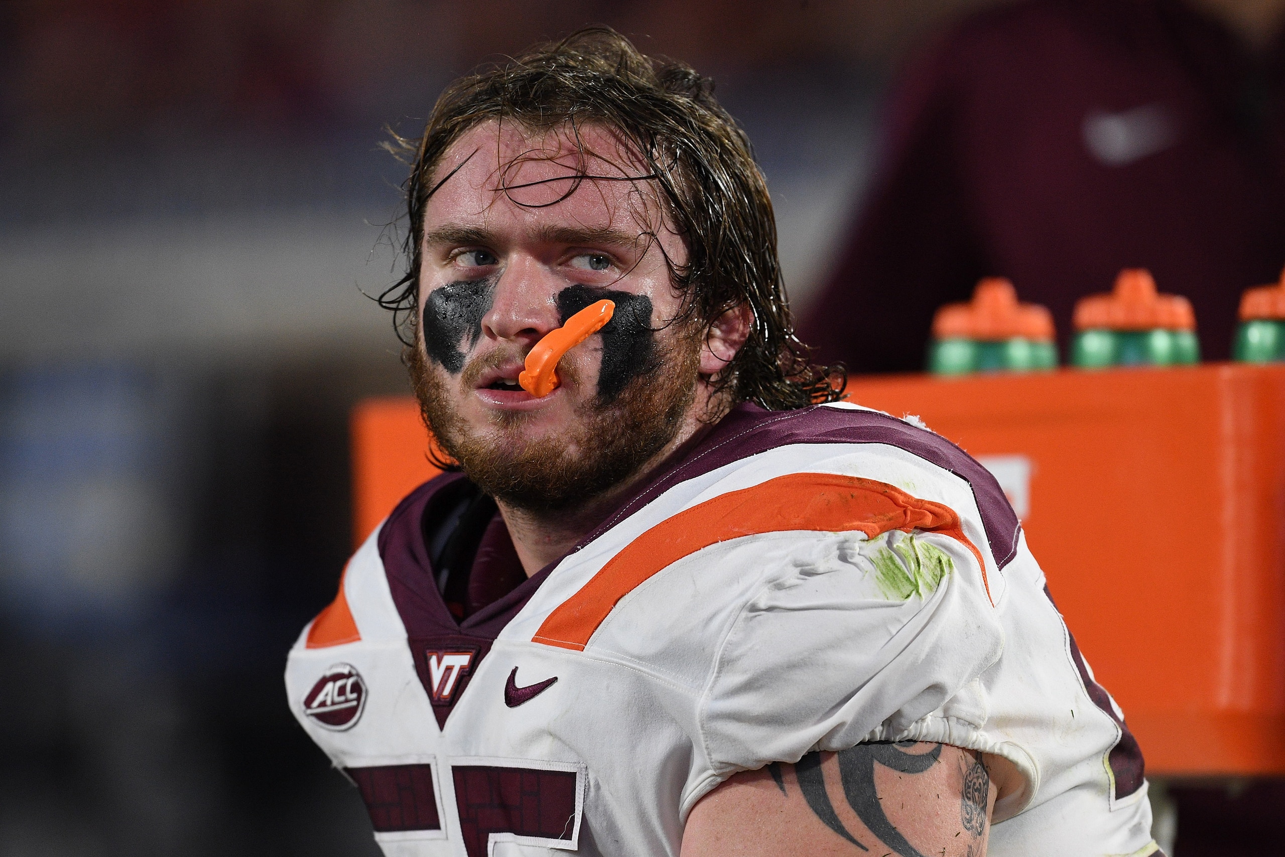 DURHAM, NC - SEPTEMBER 29:  Jarrod Hewitt #55 of the Virginia Tech Hokies against the Duke Blue Devils during their game at Wallace Wade Stadium on September 29, 2018 in Durham, North Carolina. Virginia Tech won 31-14.  (Photo by Grant Halverson/Getty Ima