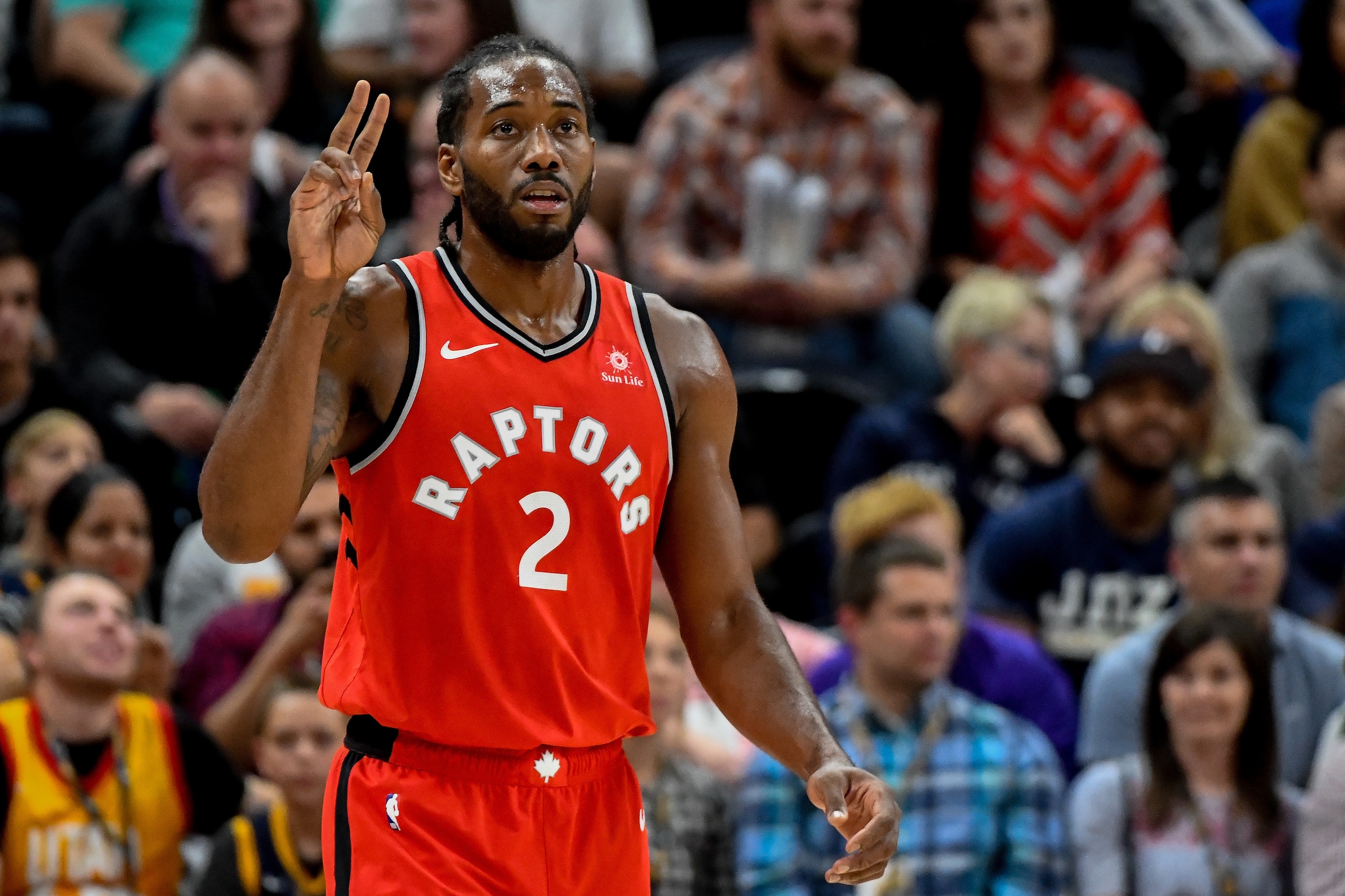 SALT LAKE CITY, UT - OCTOBER 02:  Kawhi Leonard #2 of the Toronto Raptors looks on during a game against the Utah Jazz at Vivint Smart Home Arena on October 2, 2018 in Salt Lake City, Utah. NOTE TO USER: User expressly acknowledges and agrees that, by dow