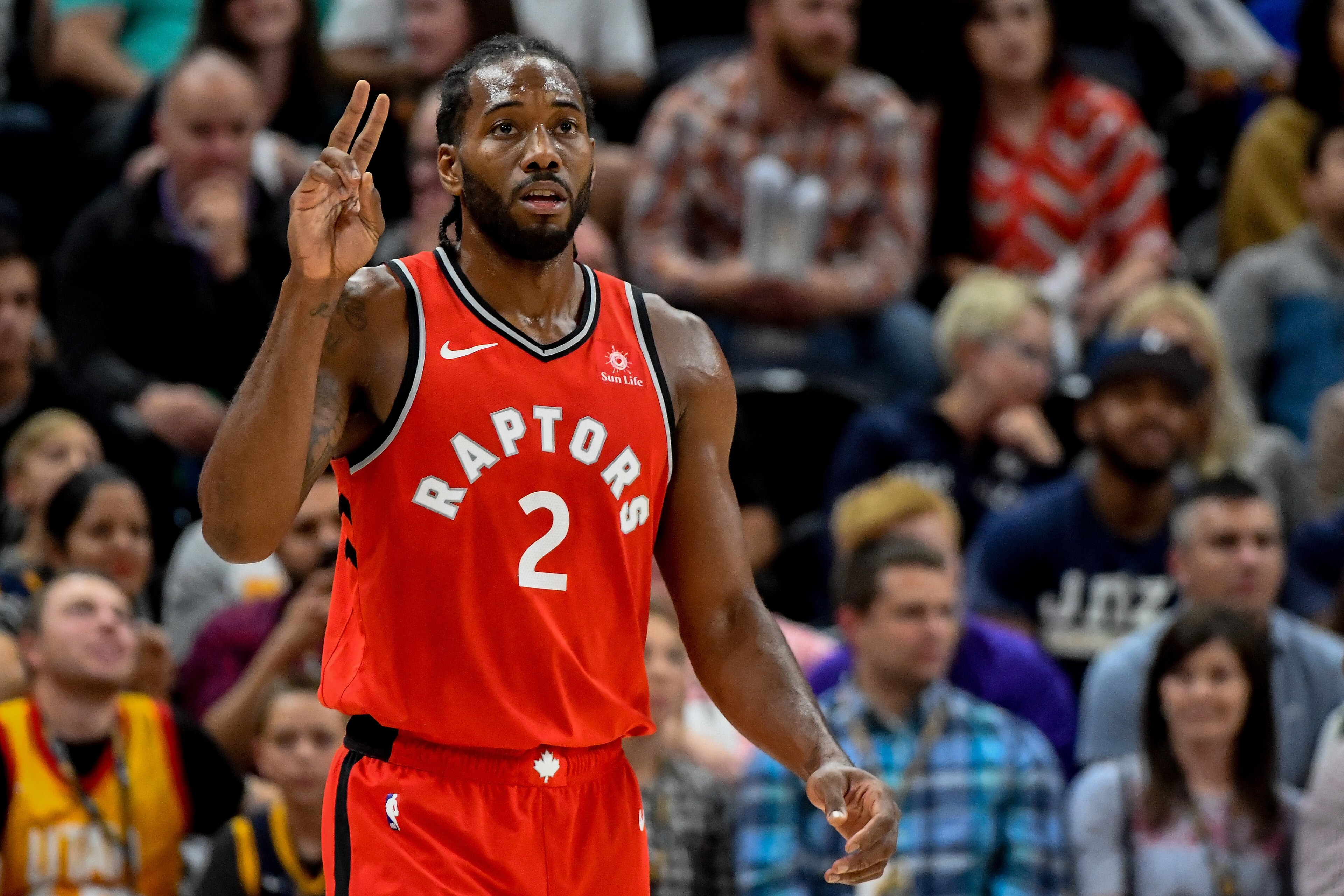 SALT LAKE CITY, UT - OCTOBER 02:  Kawhi Leonard #2 of the Toronto Raptors looks on during a game against the Utah Jazz at Vivint Smart Home Arena on October 2, 2018 in Salt Lake City, Utah. NOTE TO USER: User expressly acknowledges and agrees that, by dow