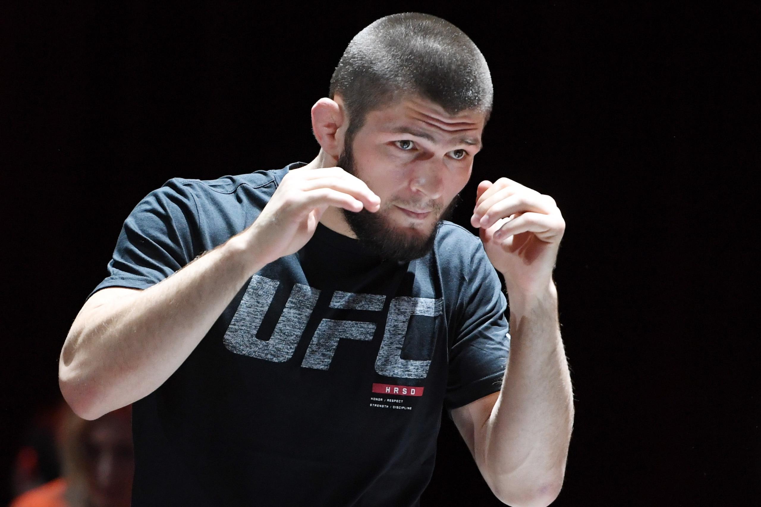 LAS VEGAS, NV - OCTOBER 03:  UFC lightweight champion Khabib Nurmagomedov attends an open workout for UFC 229 at Park Theater at Park MGM on October 03, 2018 in Las Vegas, Nevada. Nurmagomedov will defend his title against Conor McGregor at UFC 229 on Oct