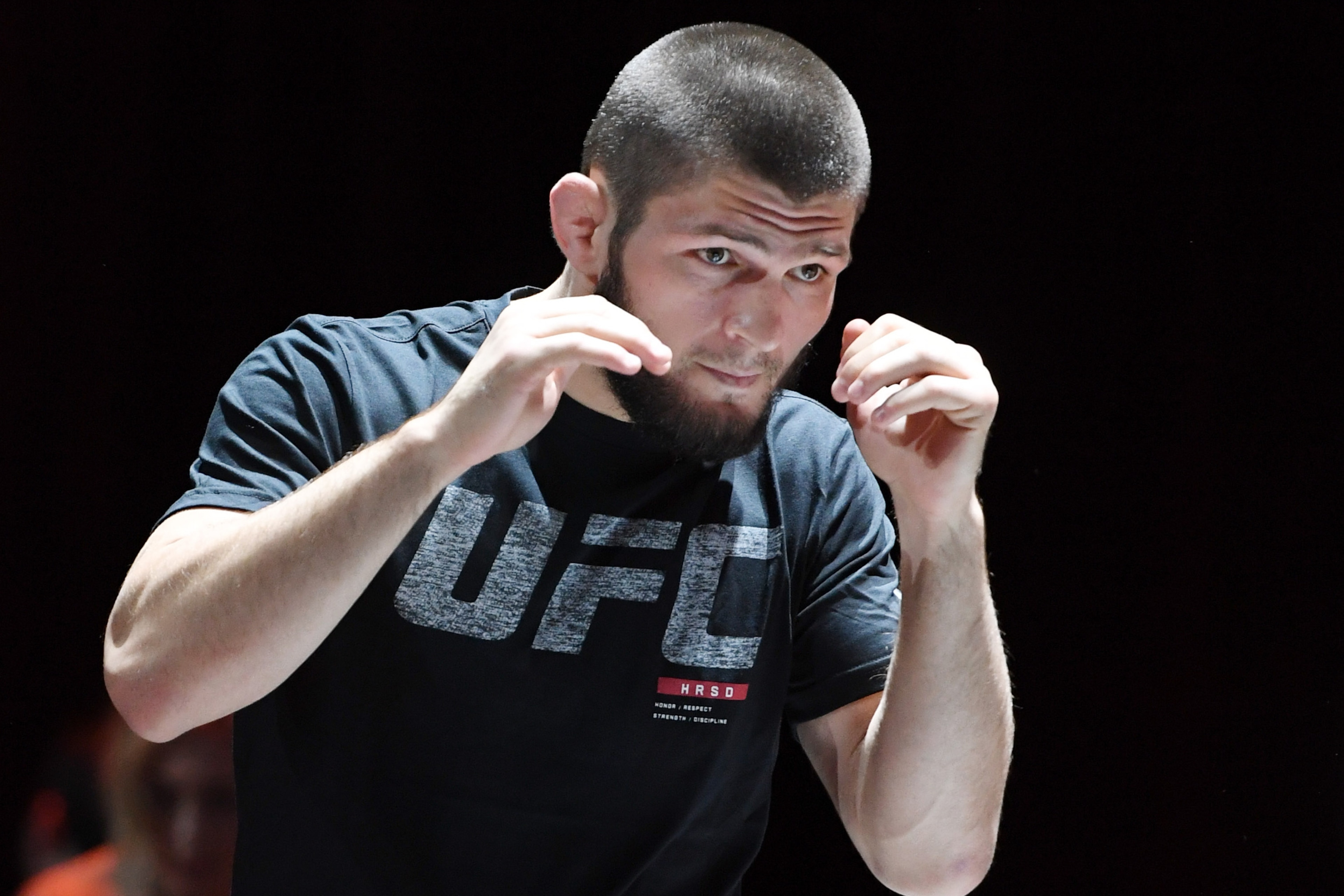 LAS VEGAS, NV - OCTOBER 03:  UFC lightweight champion Khabib Nurmagomedov attends an open workout for UFC 229 at Park Theater at Park MGM on October 03, 2018 in Las Vegas, Nevada. Nurmagomedov will defend his title against Conor McGregor at UFC 229 on Oct