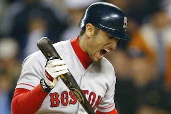 BRONX, NY - OCTOBER 16:  Nomar Garciaparra #5 of the Boston Red Sox reacts after striking out in the seventh inning against the New York Yankees during game 7 of the American League Championship Series on October 16, 2003 at Yankee Stadium in the Bronx, N