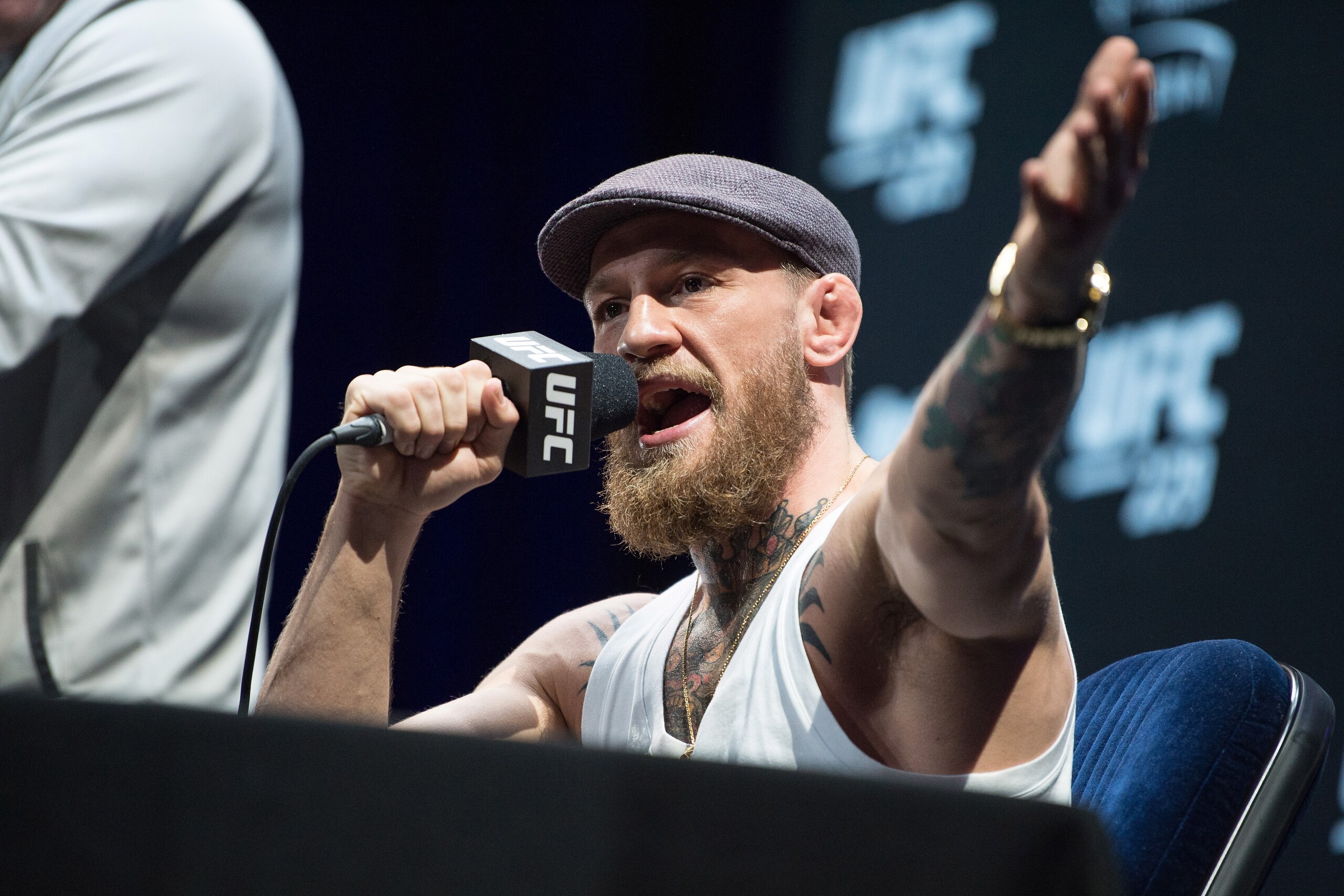 LAS VEGAS, NEVADA - OCTOBER 04:  Conor McGregor of Ireland speaks during the UFC 229 Press Conference inside The Park Theater at Park MGM on October 4, 2018 in Las Vegas, Nevada. (Photo by Chris Unger/Zuffa LLC/Zuffa LLC via Getty Images)