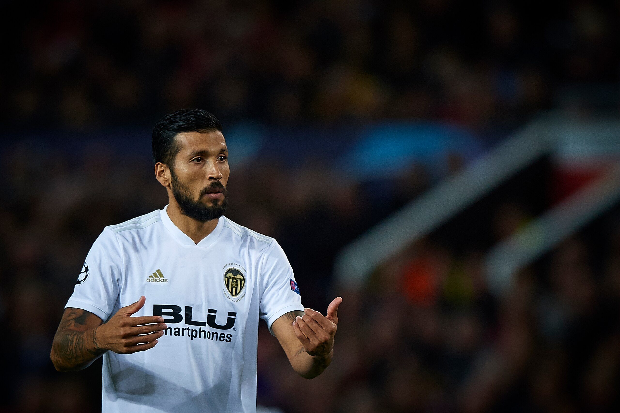 MANCHESTER, ENGLAND - OCTOBER 02:  Ezequiel Garay of Valencia reacts during the Group H match of the UEFA Champions League between Manchester United and Valencia at Old Trafford on October 2, 2018 in Manchester, United Kingdom.  (Photo by Quality Sport Im