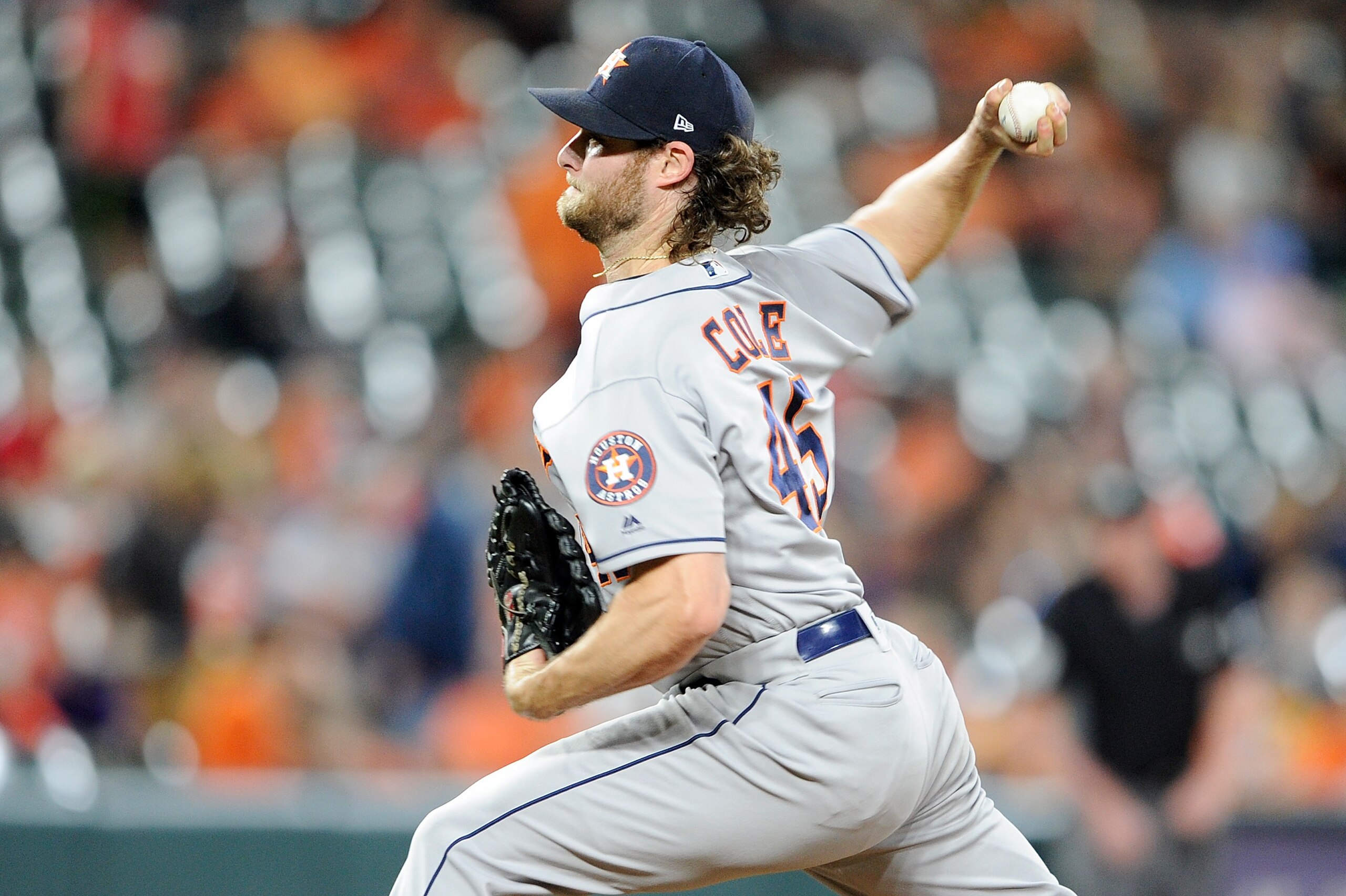 BALTIMORE, MD - SEPTEMBER 28:  Gerrit Cole #45 of the Houston Astros pitches against the Baltimore Orioles at Oriole Park at Camden Yards on September 28, 2018 in Baltimore, Maryland.  (Photo by G Fiume/Getty Images)