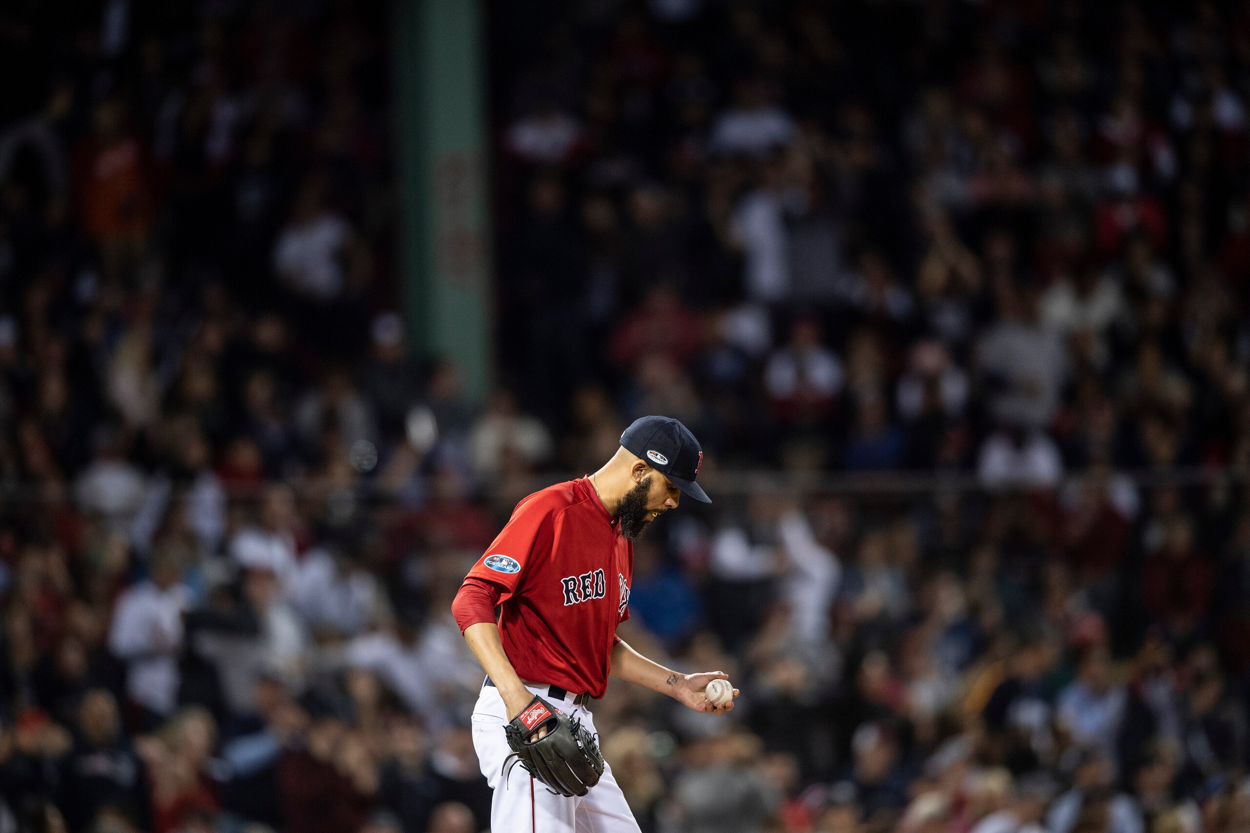 BOSTON, MA - OCTOBER 6: David Price #24 of the Boston Red Sox reacts after allowing a solo home run to Gary Sanchez #24 of the New York Yankees during the second inning of game two of the American League Division Series against the New York Yankees on Oct