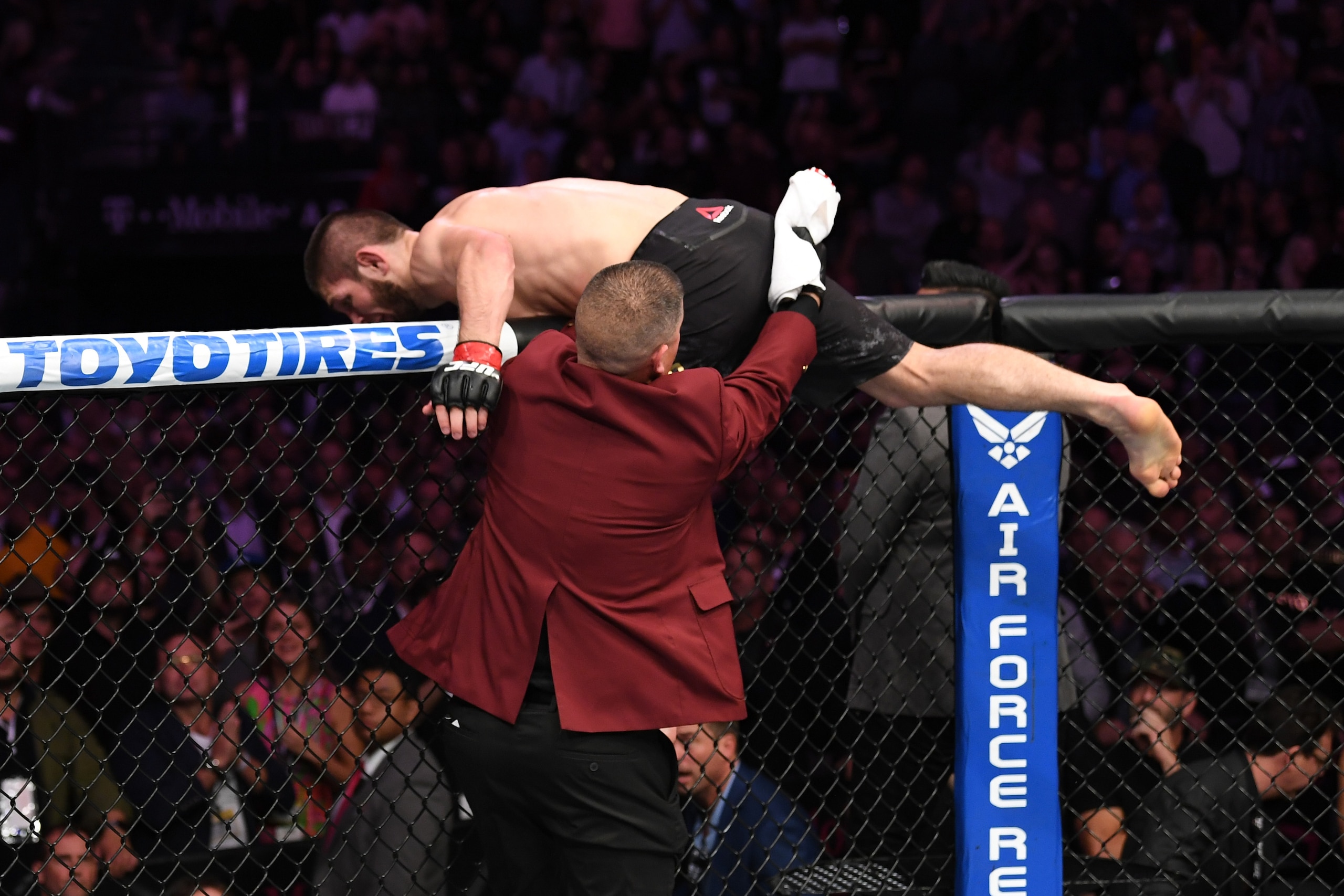 LAS VEGAS, NV - OCTOBER 06:  Khabib Nurmagomedov of Russia leaves the octagon at the end of his UFC lightweight championship bout during the UFC 229 event inside T-Mobile Arena on October 6, 2018 in Las Vegas, Nevada.  (Photo by Josh Hedges/Zuffa LLC/Zuff