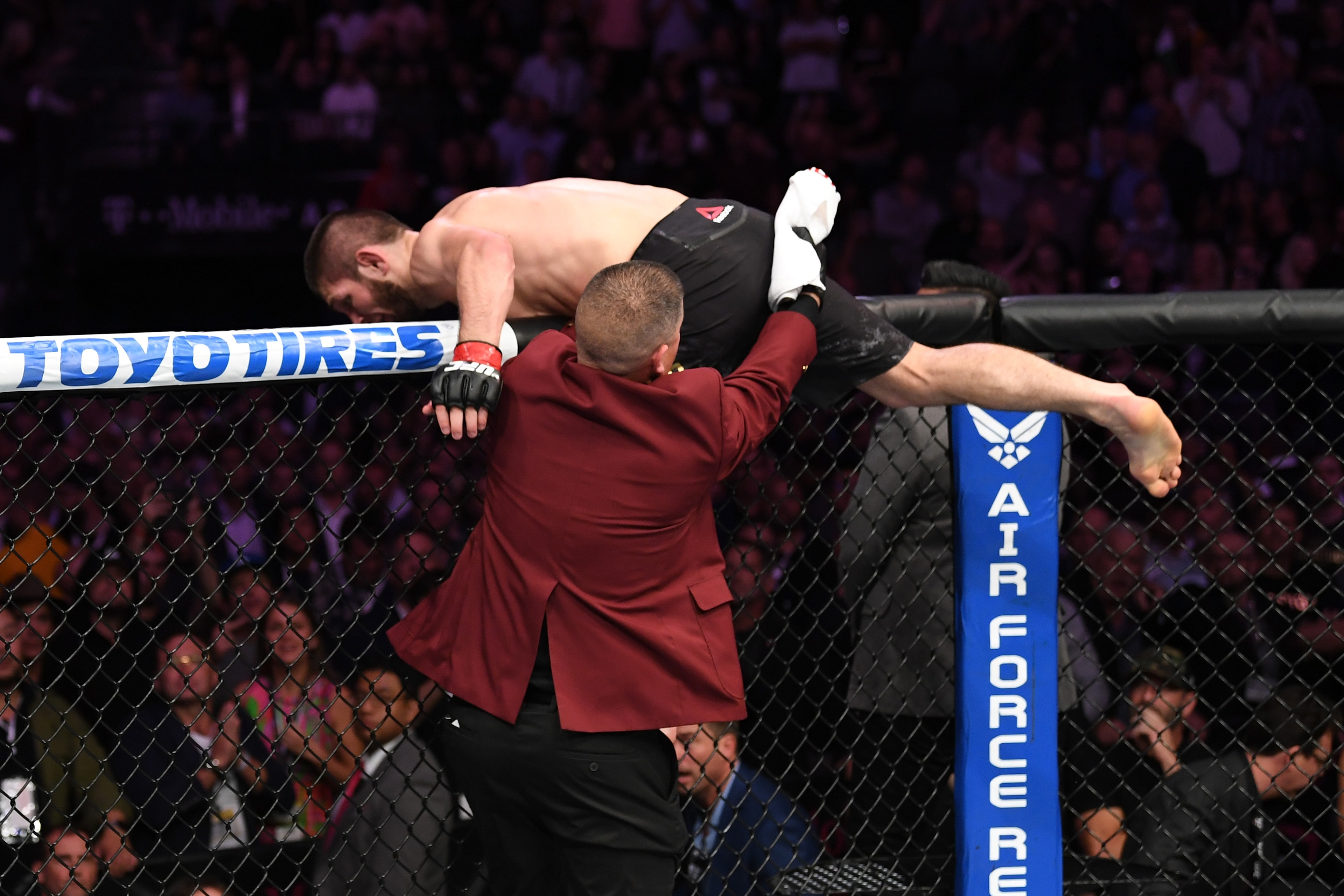 LAS VEGAS, NV - OCTOBER 06:  Khabib Nurmagomedov of Russia leaves the octagon at the end of his UFC lightweight championship bout during the UFC 229 event inside T-Mobile Arena on October 6, 2018 in Las Vegas, Nevada.  (Photo by Josh Hedges/Zuffa LLC/Zuff