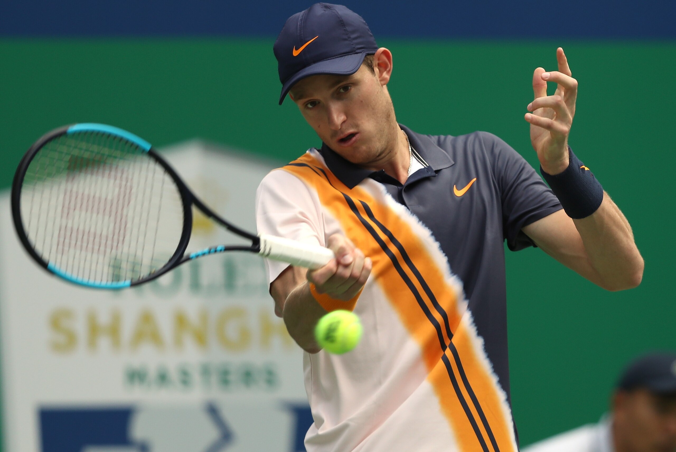 SHANGHAI, CHINA - OCTOBER 07:  Nicolas Jarry of Chile returns a shot to Mischa Zverev of Germany during the match of First Round in 2018 Rolex Shanghai Masters on Day 1 at Qi Zhong Tennis Centre on October 7, 2018 in Shanghai, China.  (Photo by Kevin Lee/