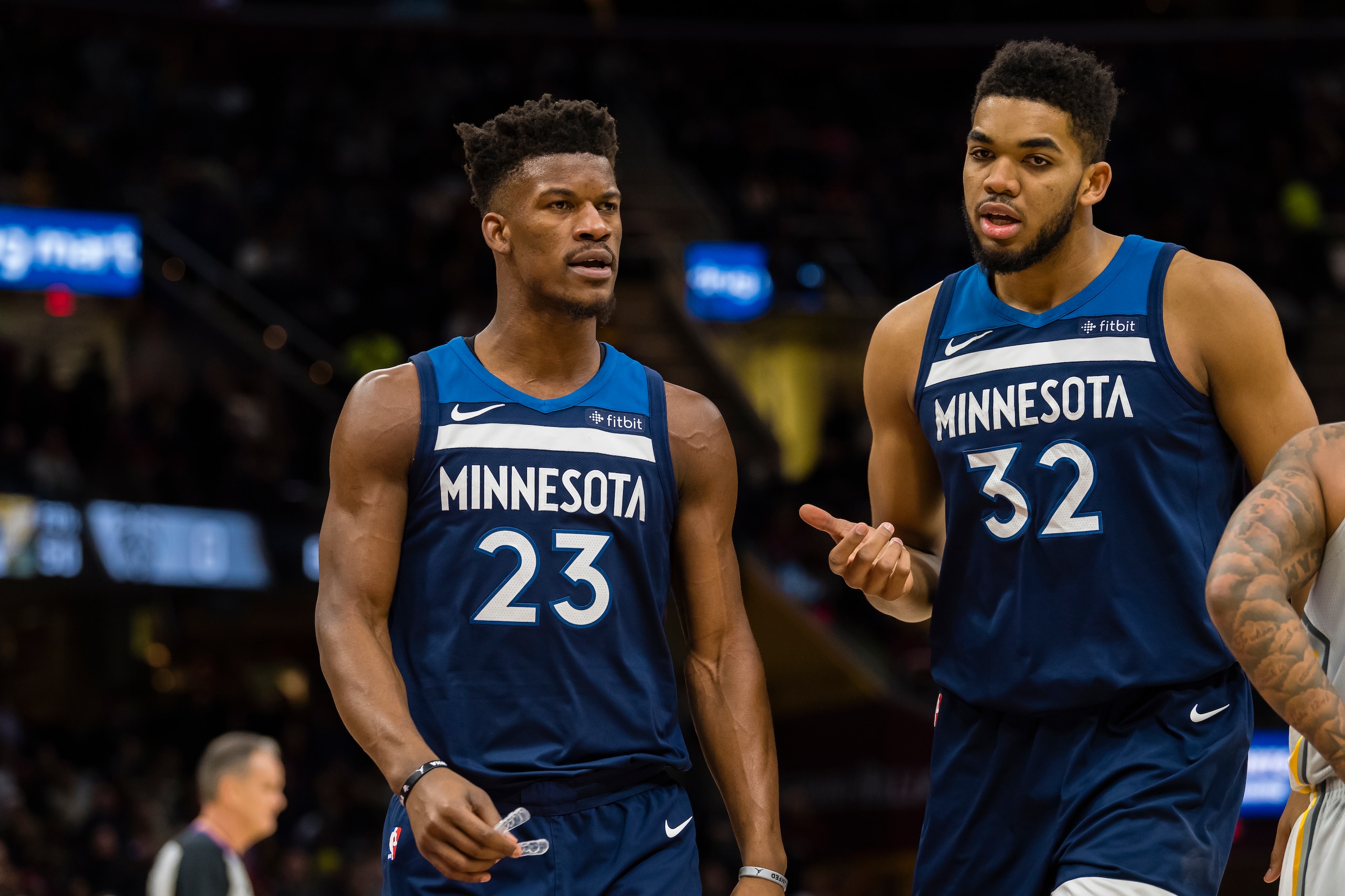 CLEVELAND, OH - FEBRUARY 7: Jimmy Butler #23 talks with Karl-Anthony Towns #32 of the Minnesota Timberwolves during the first half against the Cleveland Cavaliers at Quicken Loans Arena on February 7, 2018 in Cleveland, Ohio. NOTE TO USER: User expressly 
