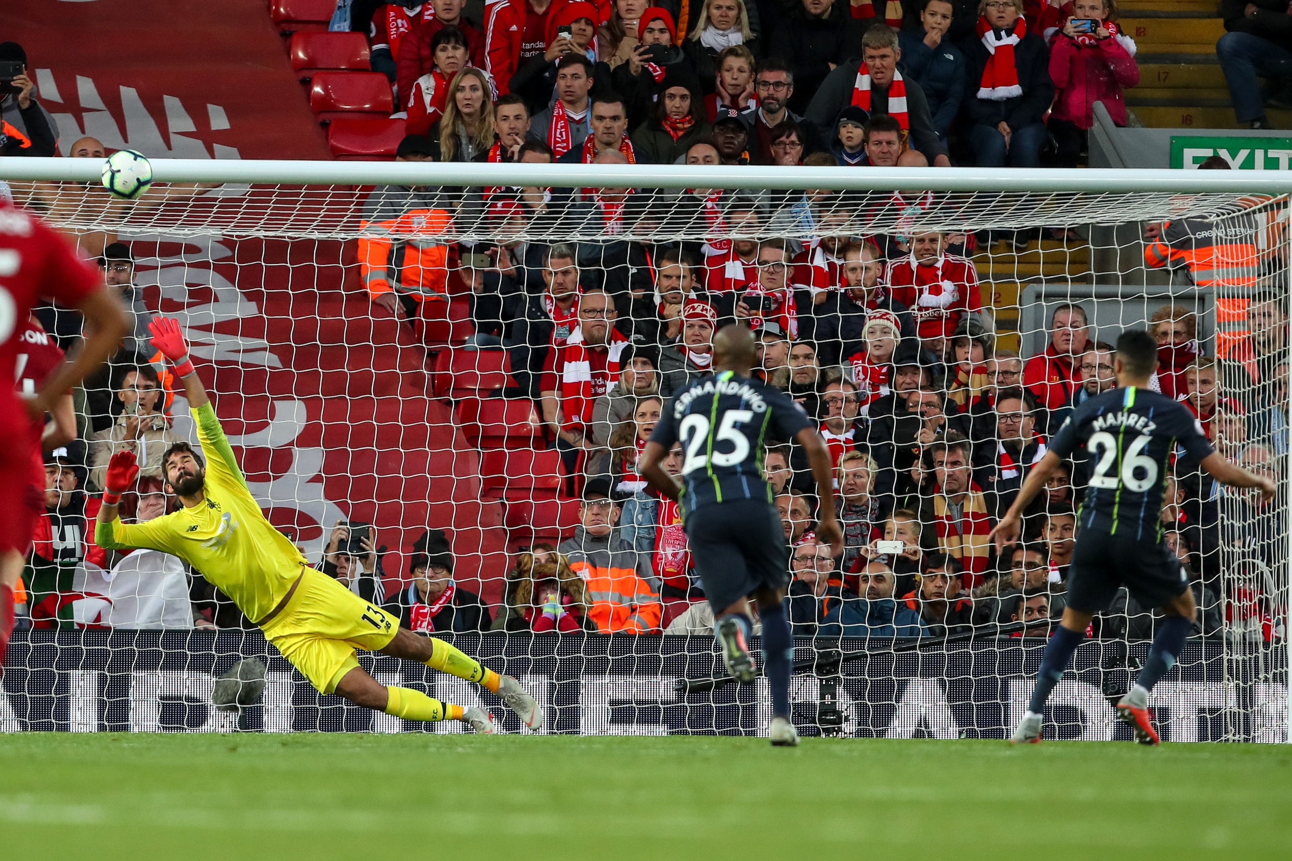 LIVERPOOL, ENGLAND - OCTOBER 07: Riyad Mahrez of Manchester City misses a penalty  during the Premier League match between Liverpool FC and Manchester City at Anfield on October 7, 2018 in Liverpool, United Kingdom. (Photo by Robbie Jay Barratt - AMA/Gett