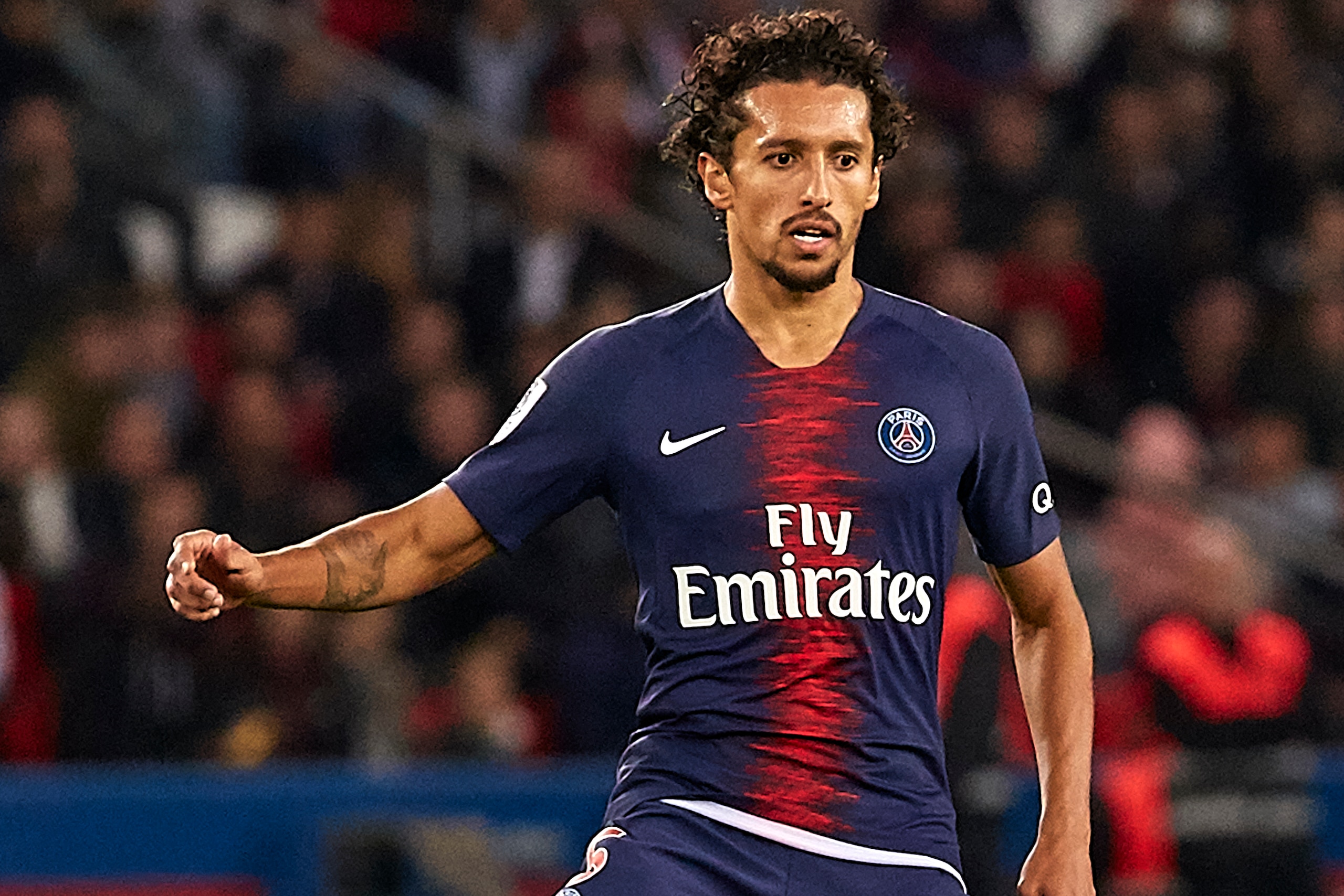 PARIS, FRANCE - SEPTEMBER 26:  Marquinhos of Paris Saint Germain in action during the French Ligue 1 match between Paris Saint Germain and Stade Reims at Parc des Princes on September 26, 2018 in Paris, France.  (Photo by Quality Sport Images/Getty Images