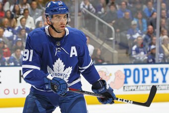 TORONTO, ON - OCTOBER 6:  John Tavares #91 of the Toronto Maple Leafs skates against the Ottawa Senators during an NHL game at Scotiabank Arena on October 6, 2018 in Toronto, Ontario, Canada. The Senators defeated the Maple Leafs 5-3.(Photo by Claus Ander