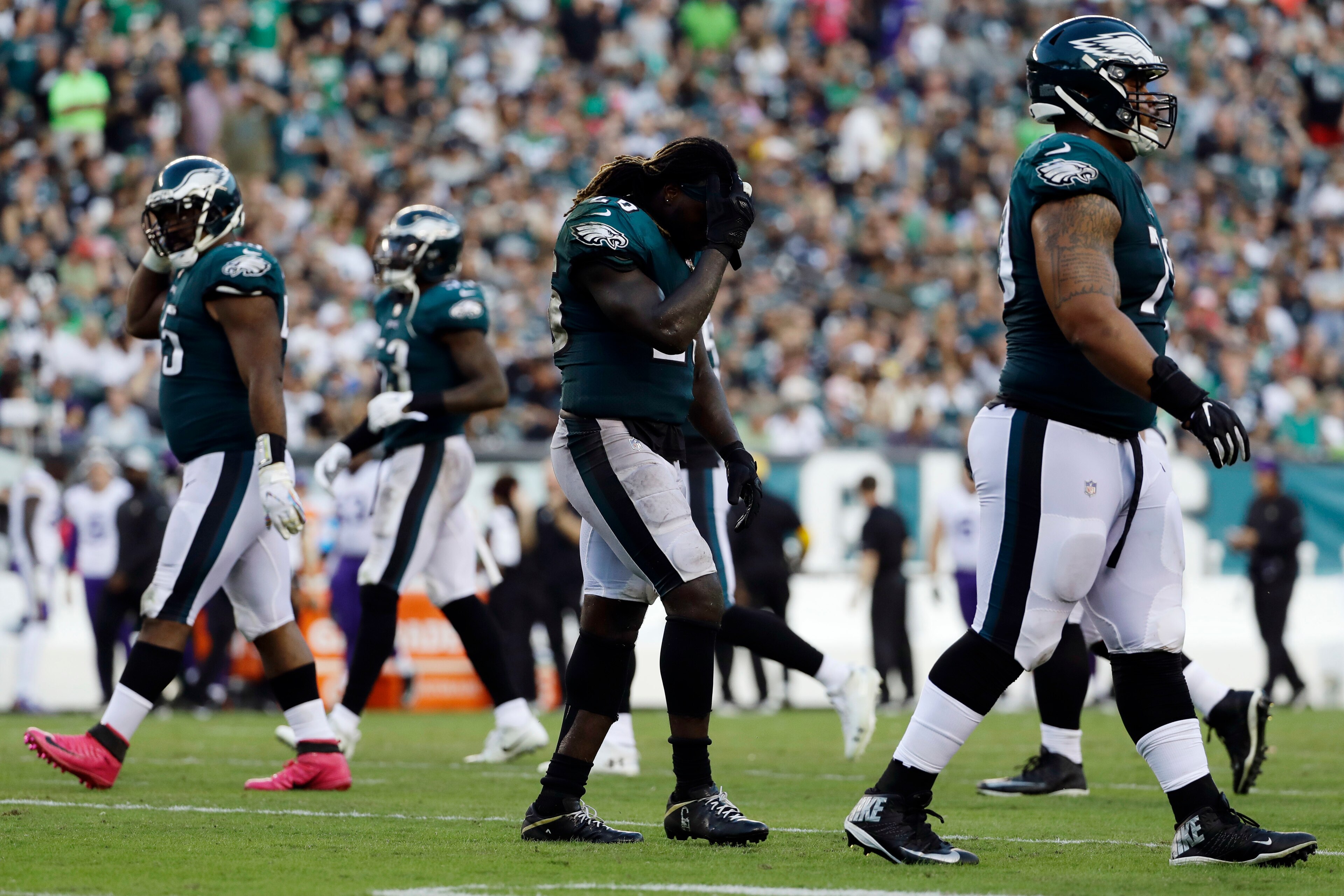 Philadelphia Eagles running back Jay Ajayi walks off the field after his third-quarter fumble.
