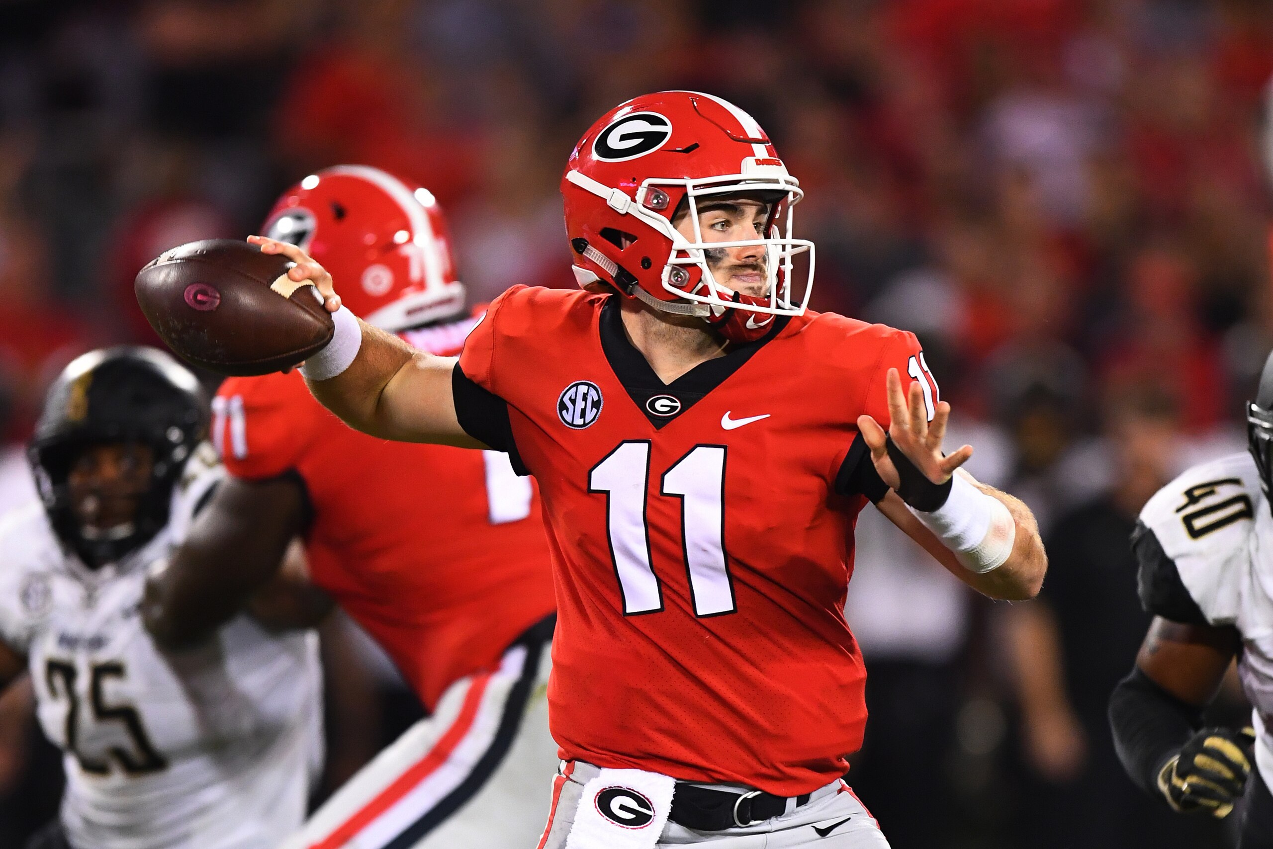 ATHENS, GA - OCTOBER 6: Jake Fromm #11 of the Georgia Bulldogs passes against the Vanderbilt Commodores on October 6, 2018 at Sanford Stadium in Athens, Georgia. (Photo by Scott Cunningham/Getty Images)