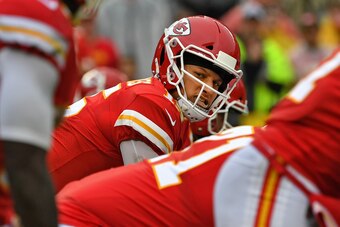 KANSAS CITY, MO - OCTOBER 07:  Quarterback Patrick Mahomes #15 of the Kansas City Chiefs looks down the line during the first half against the Jacksonville Jaguars on October 7, 2018 at Arrowhead Stadium in Kansas City, Missouri.  (Photo by Peter G. Aiken
