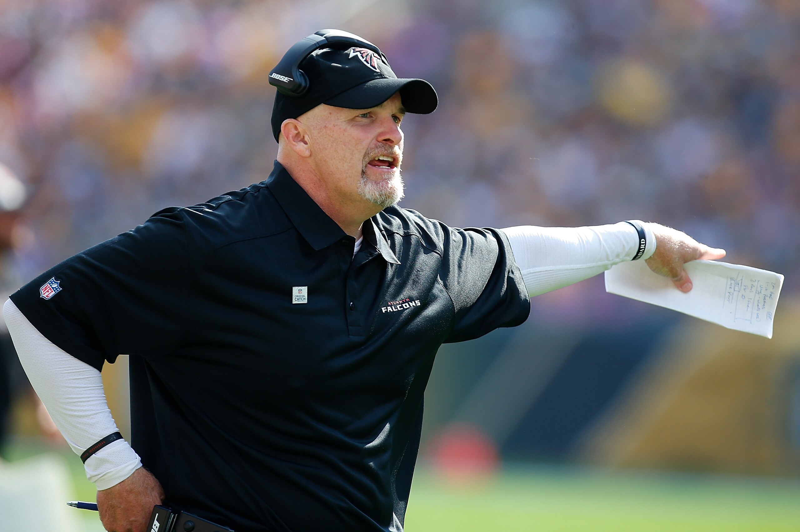 PITTSBURGH, PA - OCTOBER 07: Head coach Dan Quinn of the Atlanta Falcons looks on in the second half during the game against the Pittsburgh Steelers at Heinz Field on October 7, 2018 in Pittsburgh, Pennsylvania. (Photo by Justin K. Aller/Getty Images)