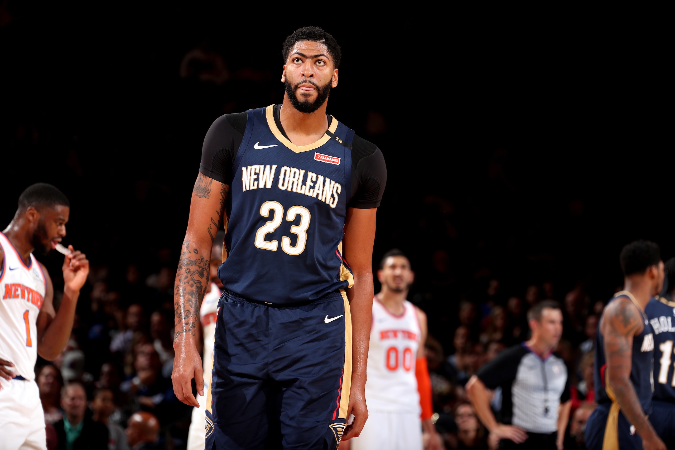 NEW YORK, NY - OCTOBER 5: Anthony Davis #23 of the New Orleans Pelicans looks on against the New Orleans Pelicans during a pre-season game on October 5, 2018 at Madison Square Garden in New York City, New York.  NOTE TO USER: User expressly acknowledges a