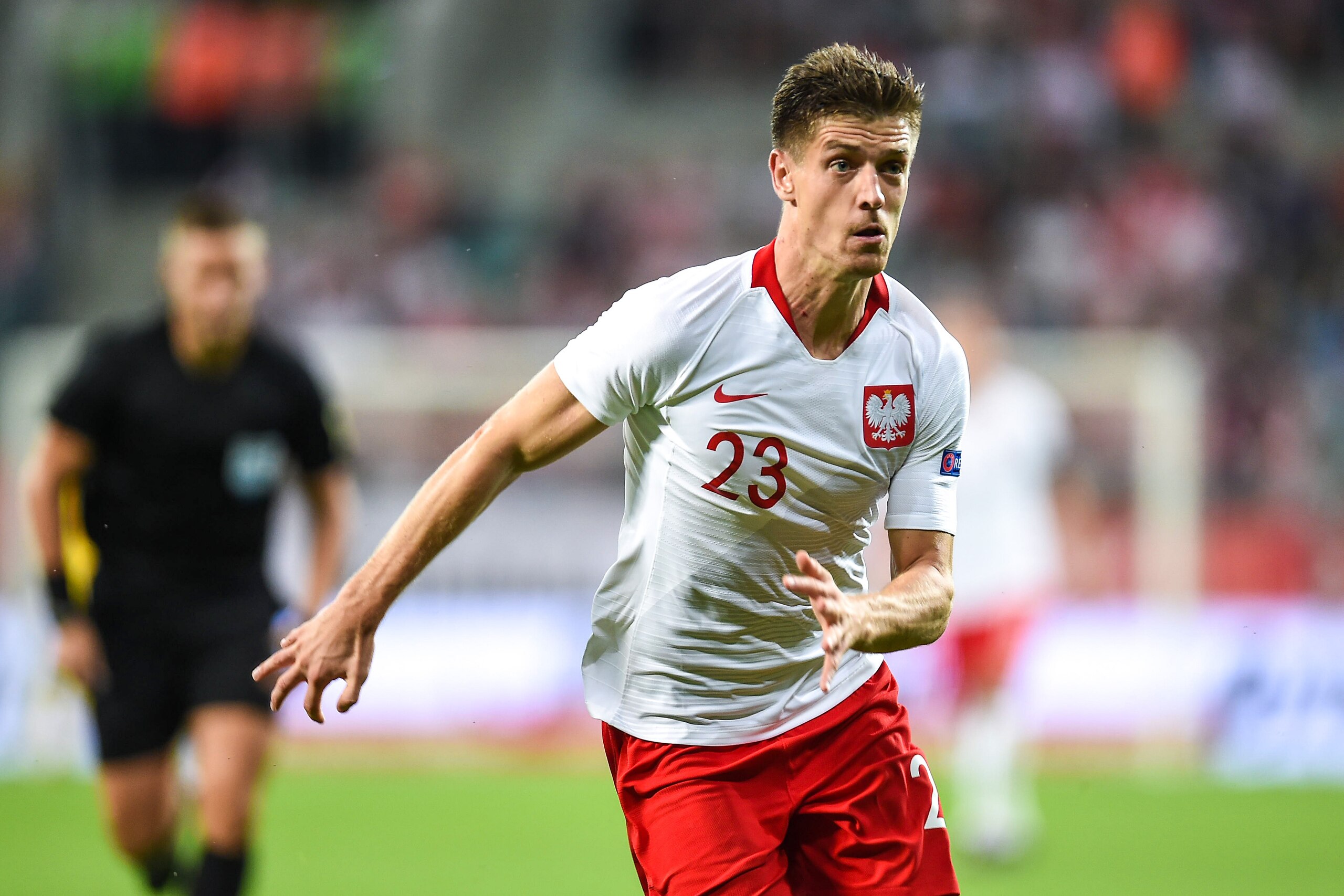 WROCLAW, POLAND - SEPTEMBER 11: Krzysztof Piatek of Poland in action during the International Friendly match between Poland and Republic of Ireland at the Municipal Stadium on September 11, 2018 in Wroclaw, Poland. (Photo by Rafal Rusek/PressFocus/MB Medi