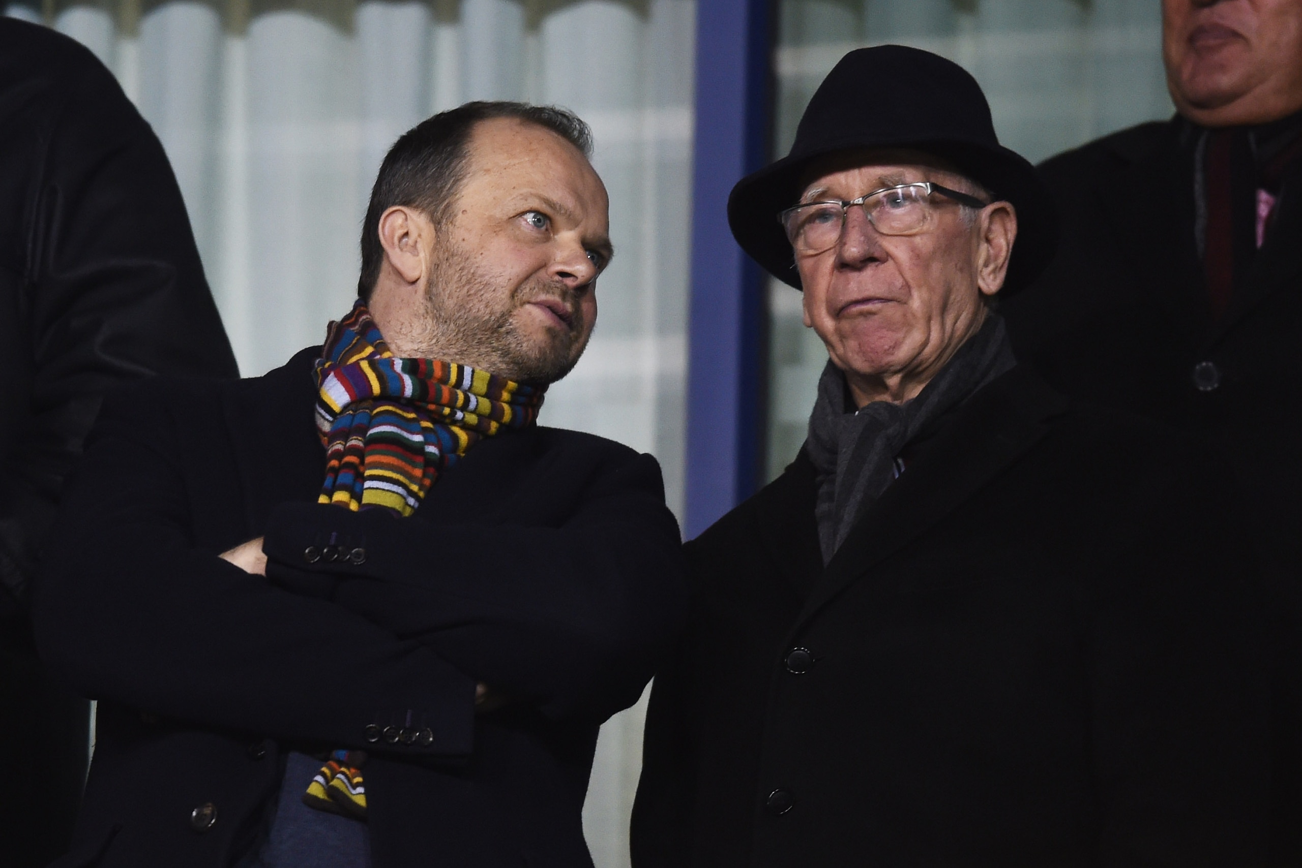SHREWSBURY, ENGLAND - FEBRUARY 22:  Ed Woodward executive vice-chairman of Manchester United (L) and Sir Bobby Charlton in discussion prior to the Emirates FA Cup fifth round match between Shrewsbury Town and Manchester United at Greenhous Meadow on Febru
