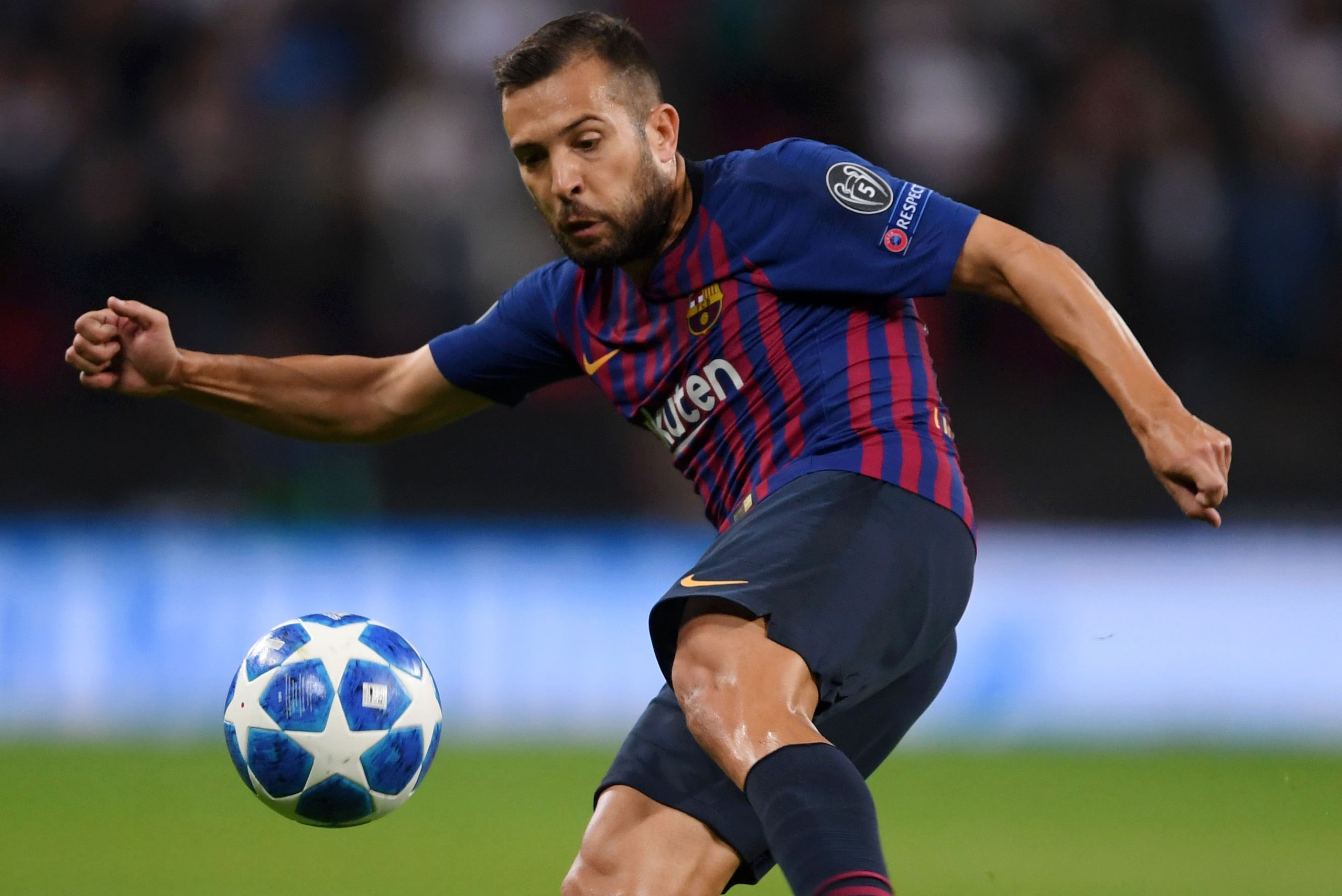 LONDON, ENGLAND - OCTOBER 03: Jordi Alba of FC Barcelona clears the ball during the Group B match of the UEFA Champions League between Tottenham Hotspur and FC Barcelona at Wembley Stadium on October 03, 2018 in London, United Kingdom. (Photo by Laurence 