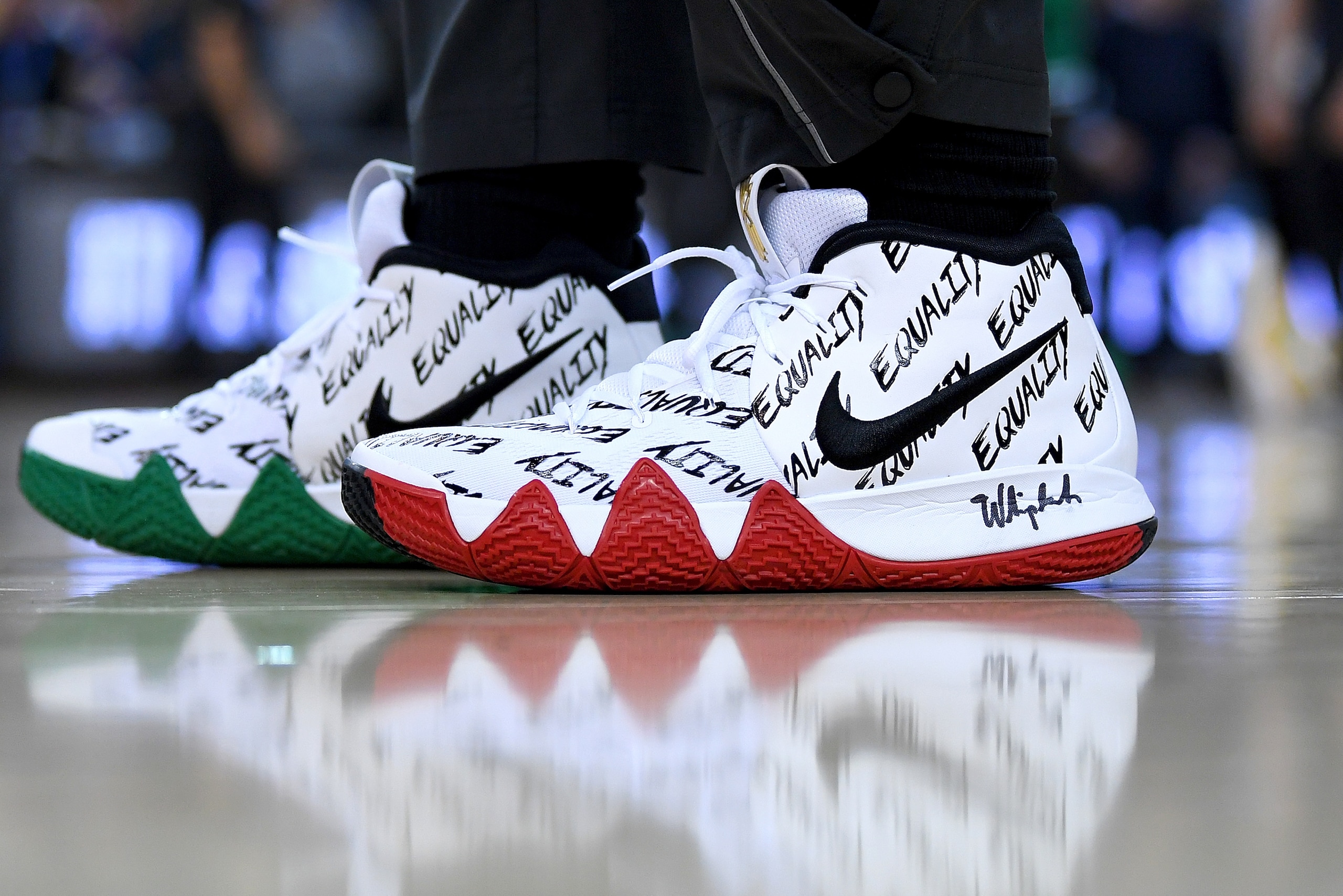 OAKLAND, CA - JANUARY 27:  A detailed view of the Nike Kyrie 4's 'BHM' Spread The Message Of Equality worn by Kyrie Irving #11 of the Boston Celtics against the Golden State Warriors during an NBA basketball game at ORACLE Arena on January 27, 2018 in Oak