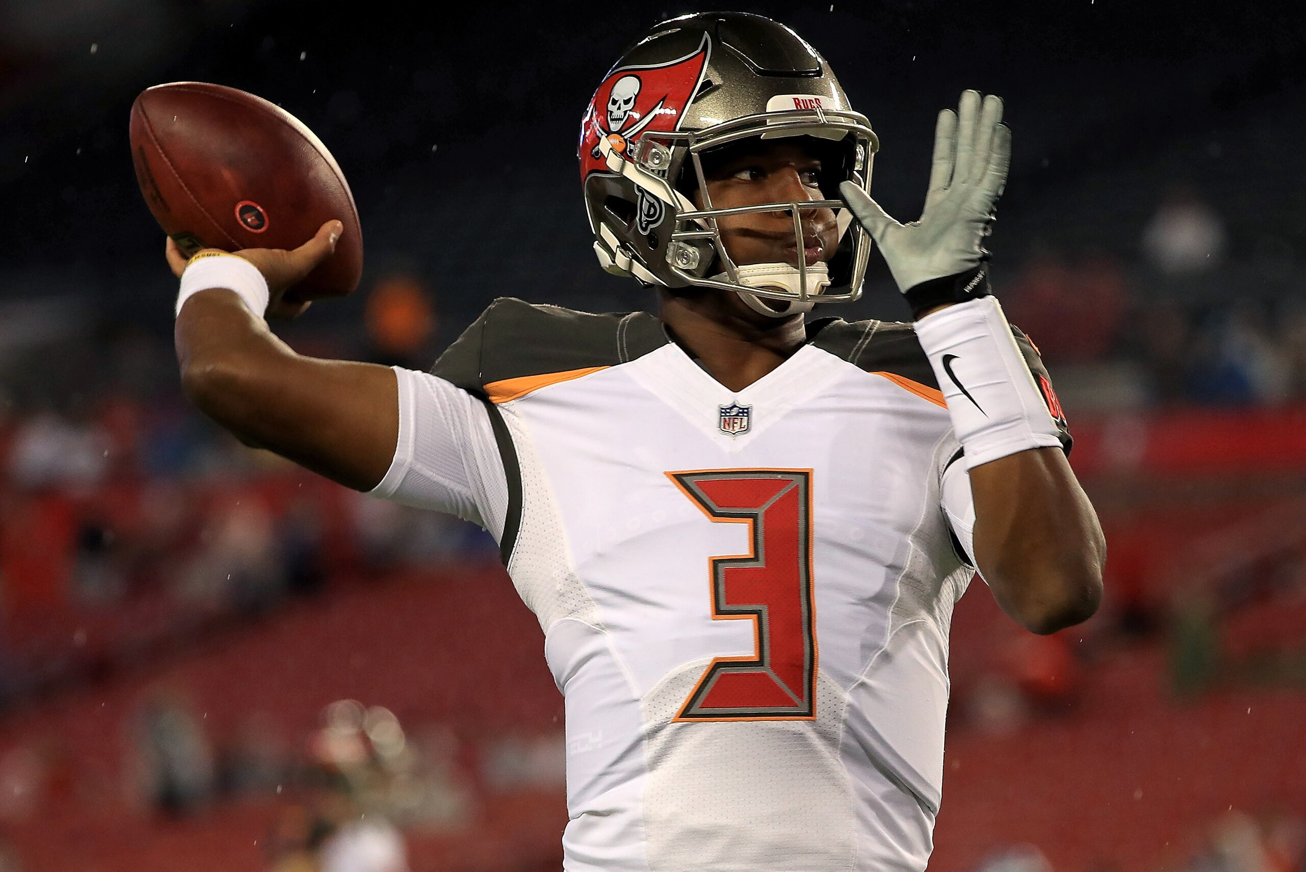 TAMPA, FL - AUGUST 24: Jameis Winston #3 of the Tampa Bay Buccaneers warms up during a preseason game against the Detroit Lions at Raymond James Stadium on August 24, 2018 in Tampa, Florida. (Photo by Mike Ehrmann/Getty Images) TAMPA, FL - AUGUST 24: Jameis Winston #3 of the Tampa Bay Buccaneers warms up during a preseason game against the Detroit Lions at Raymond James Stadium on August 24, 2018 in Tampa, Florida. (Photo by Mike Ehrmann/Getty Images)