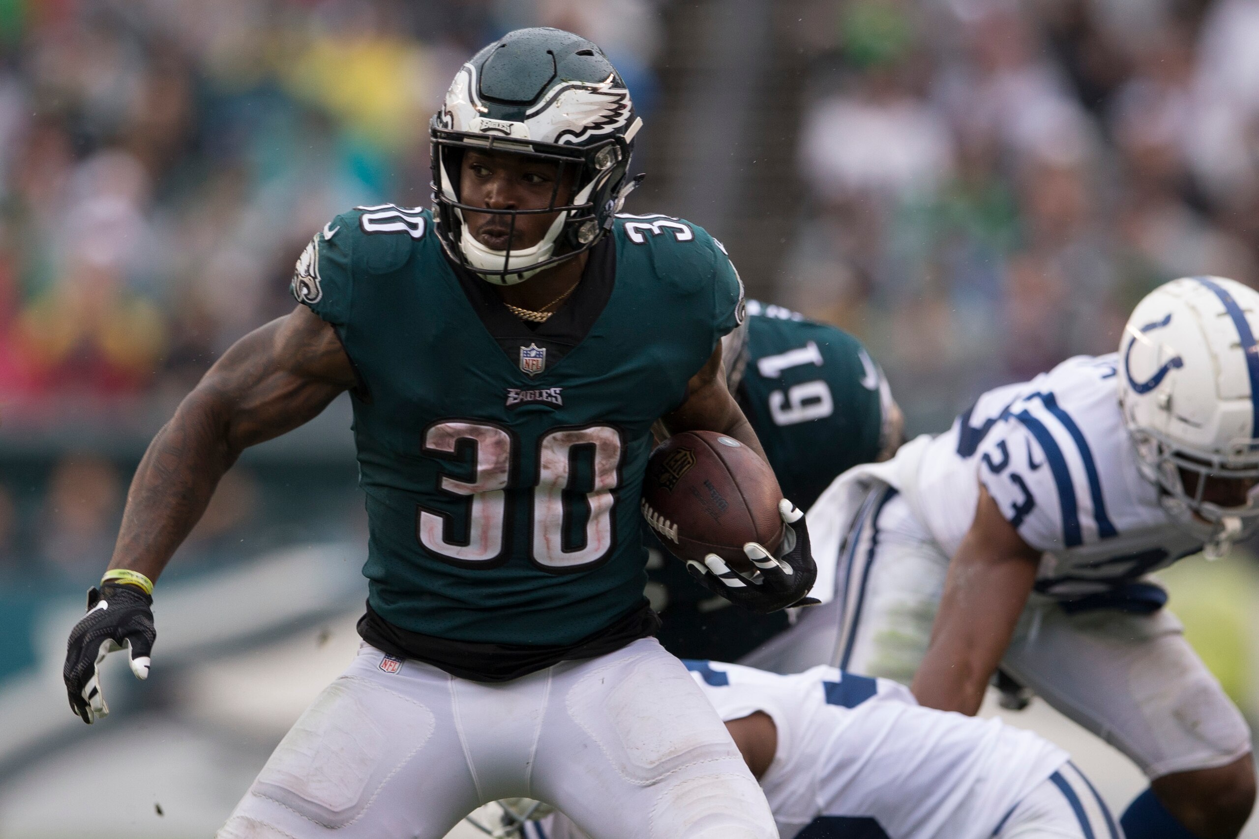 PHILADELPHIA, PA - SEPTEMBER 23: Corey Clement #30 of the Philadelphia Eagles runs the ball against the Indianapolis Colts at Lincoln Financial Field on September 23, 2018 in Philadelphia, Pennsylvania. (Photo by Mitchell Leff/Getty Images) PHILADELPHIA, PA - SEPTEMBER 23: Corey Clement #30 of the Philadelphia Eagles runs the ball against the Indianapolis Colts at Lincoln Financial Field on September 23, 2018 in Philadelphia, Pennsylvania. (Photo by Mitchell Leff/Getty Images)