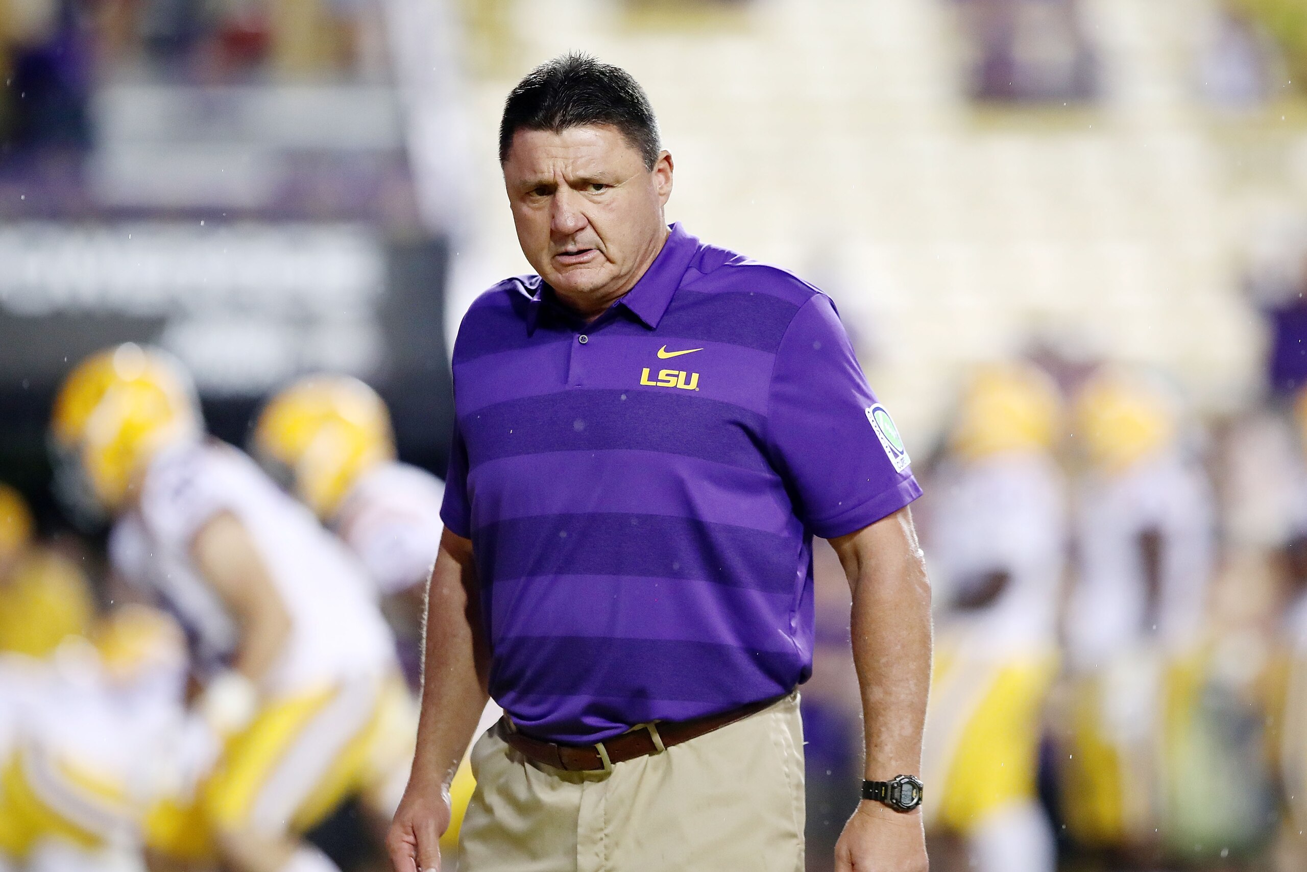 BATON ROUGE, LA - SEPTEMBER 29:  Head coach Ed Orgeron of the LSU Tigers reacts during a game against the Mississippi Rebels at Tiger Stadium on September 29, 2018 in Baton Rouge, Louisiana.  (Photo by Marianna Massey/Getty Images)