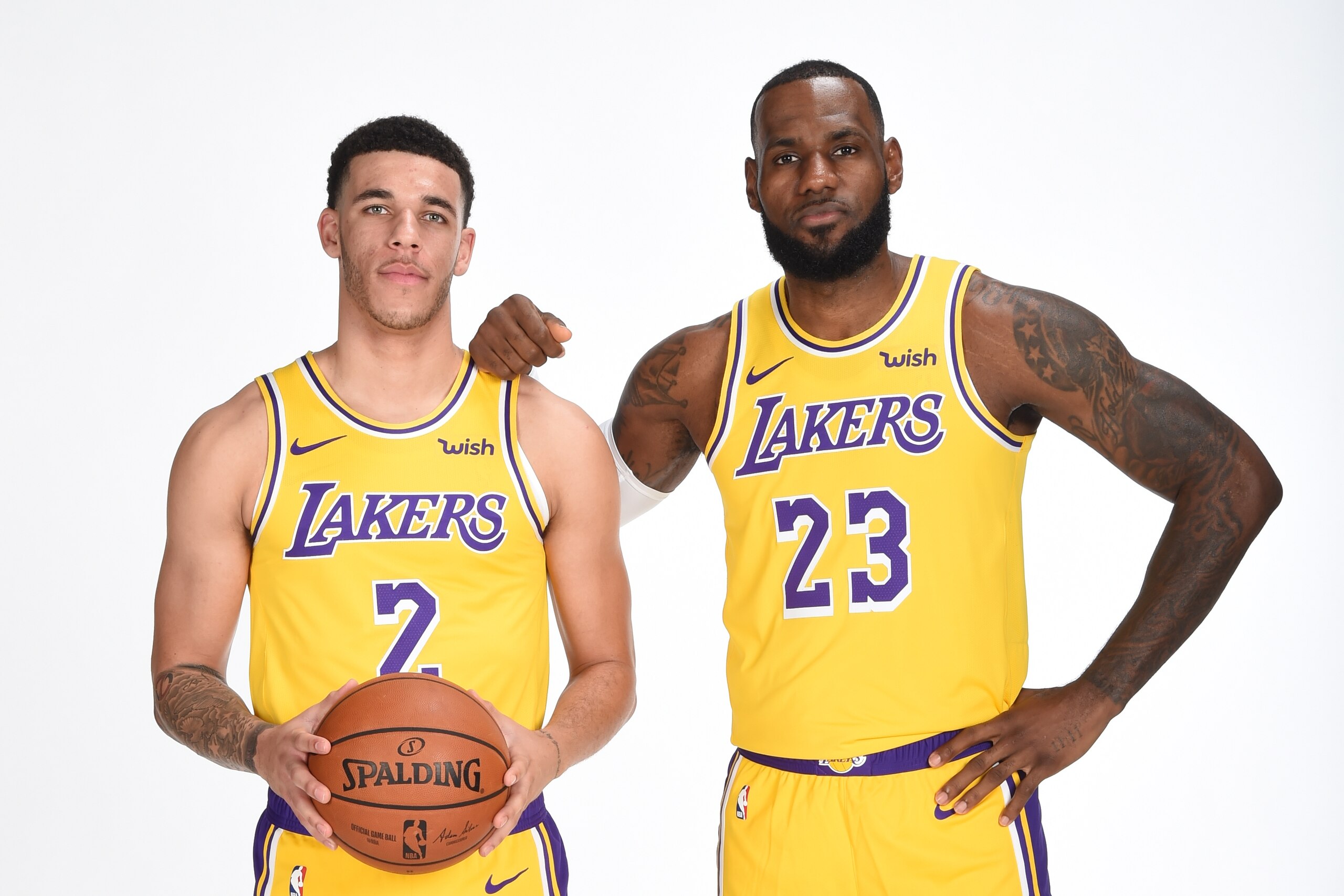 EL SEGUNDO, CA - SEPTEMBER 24: Lonzo Ball #2 and LeBron James #23 of the Los Angeles Lakers pose for a portrait during media day at UCLA Health Training Center on September 24, 2018 in El Segundo, California. NOTE TO USER: User expressly acknowledges and 