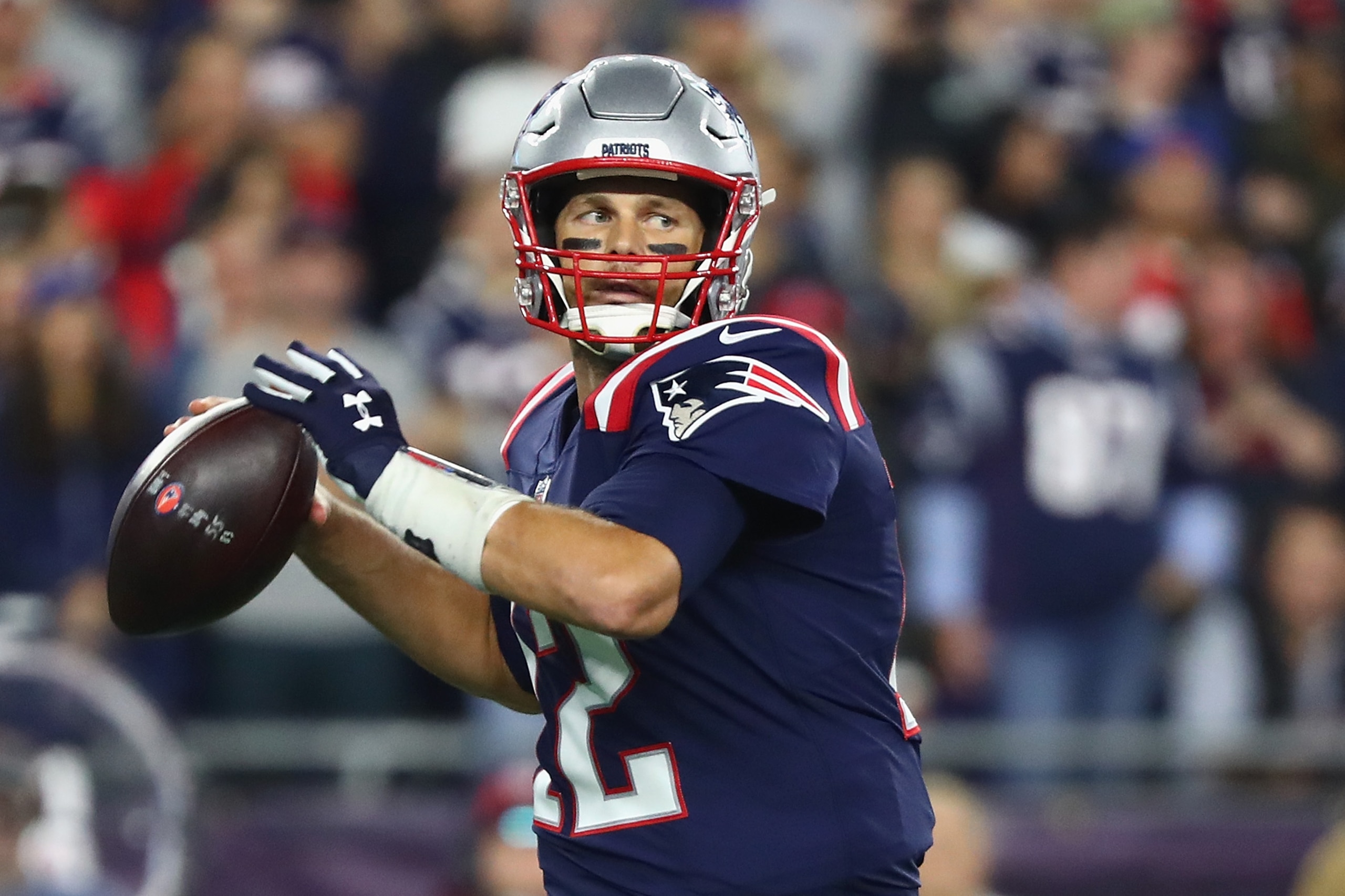 FOXBOROUGH, MA - OCTOBER 04: Tom Brady #12 of the New England Patriots looks to pass during the first half against the Indianapolis Colts at Gillette Stadium on October 4, 2018 in Foxborough, Massachusetts. (Photo by Adam Glanzman/Getty Images) FOXBOROUGH, MA - OCTOBER 04: Tom Brady #12 of the New England Patriots looks to pass during the first half against the Indianapolis Colts at Gillette Stadium on October 4, 2018 in Foxborough, Massachusetts. (Photo by Adam Glanzman/Getty Images)