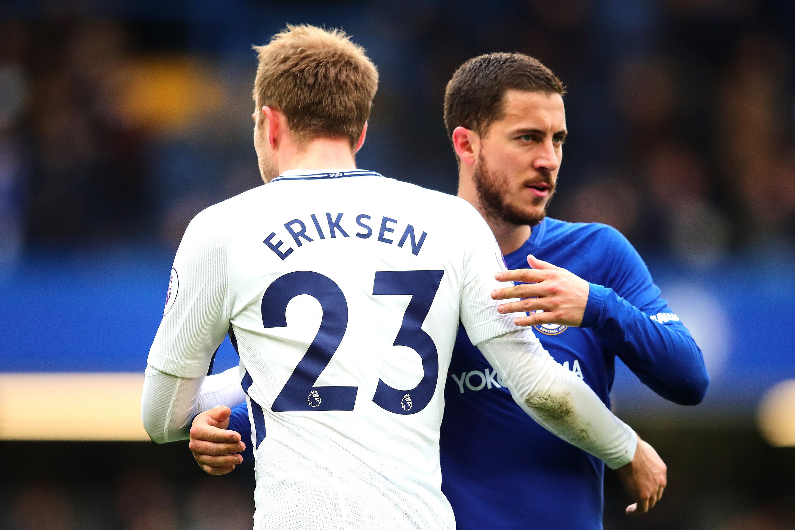 LONDON, ENGLAND - APRIL 01: Eden Hazard of Chelsea greets Christian Eriksen of Tottenham Hotspur at full-time following the Premier League match between Chelsea and Tottenham Hotspur at Stamford Bridge on April 1, 2018 in London, England. (Photo by Chris 
