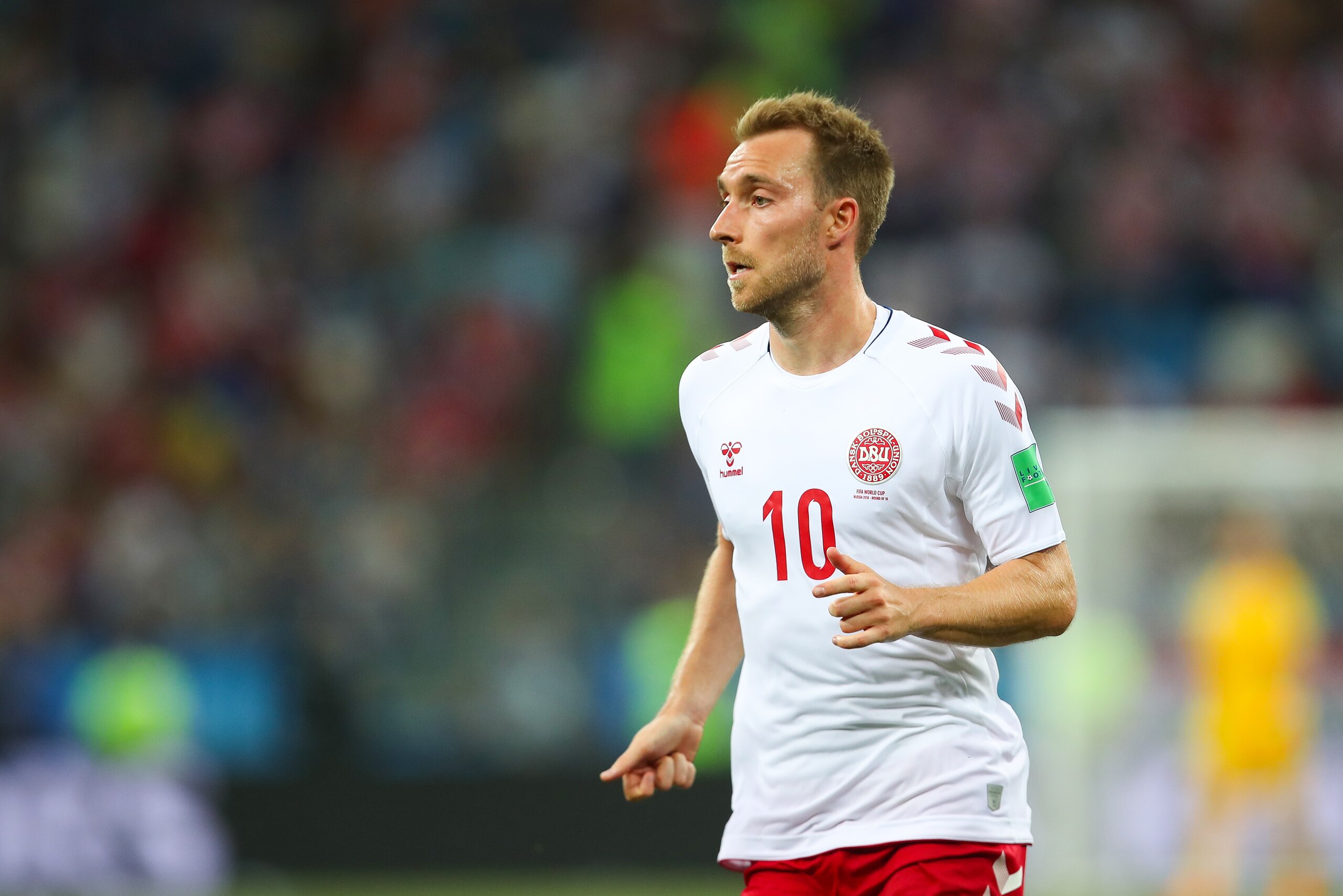 NIZHNY NOVGOROD, RUSSIA - JULY 01:   Christian Eriksen of Denmark in action during the 2018 FIFA World Cup Russia Round of 16 match between Croatia and Denmark at Nizhny Novgorod Stadium on July 1, 2018 in Nizhny Novgorod, Russia. (Photo by Robbie Jay Bar