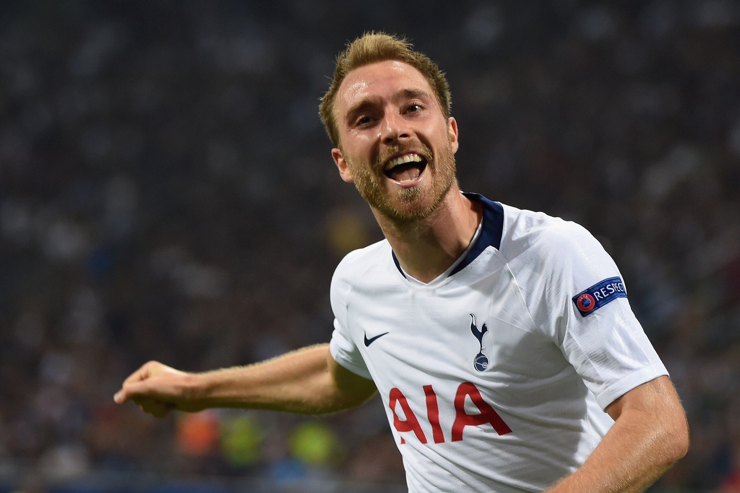 MILAN, ITALY - SEPTEMBER 18:  Christian Eriksen of Tottenham Hotspur celebrates his first goal during the Group B match of the UEFA Champions League between FC Internazionale and Tottenham Hotspur at San Siro Stadium on September 18, 2018 in Milan, Italy.